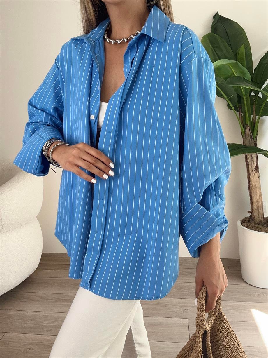 Mavi Çizgili Oversize Gömlek