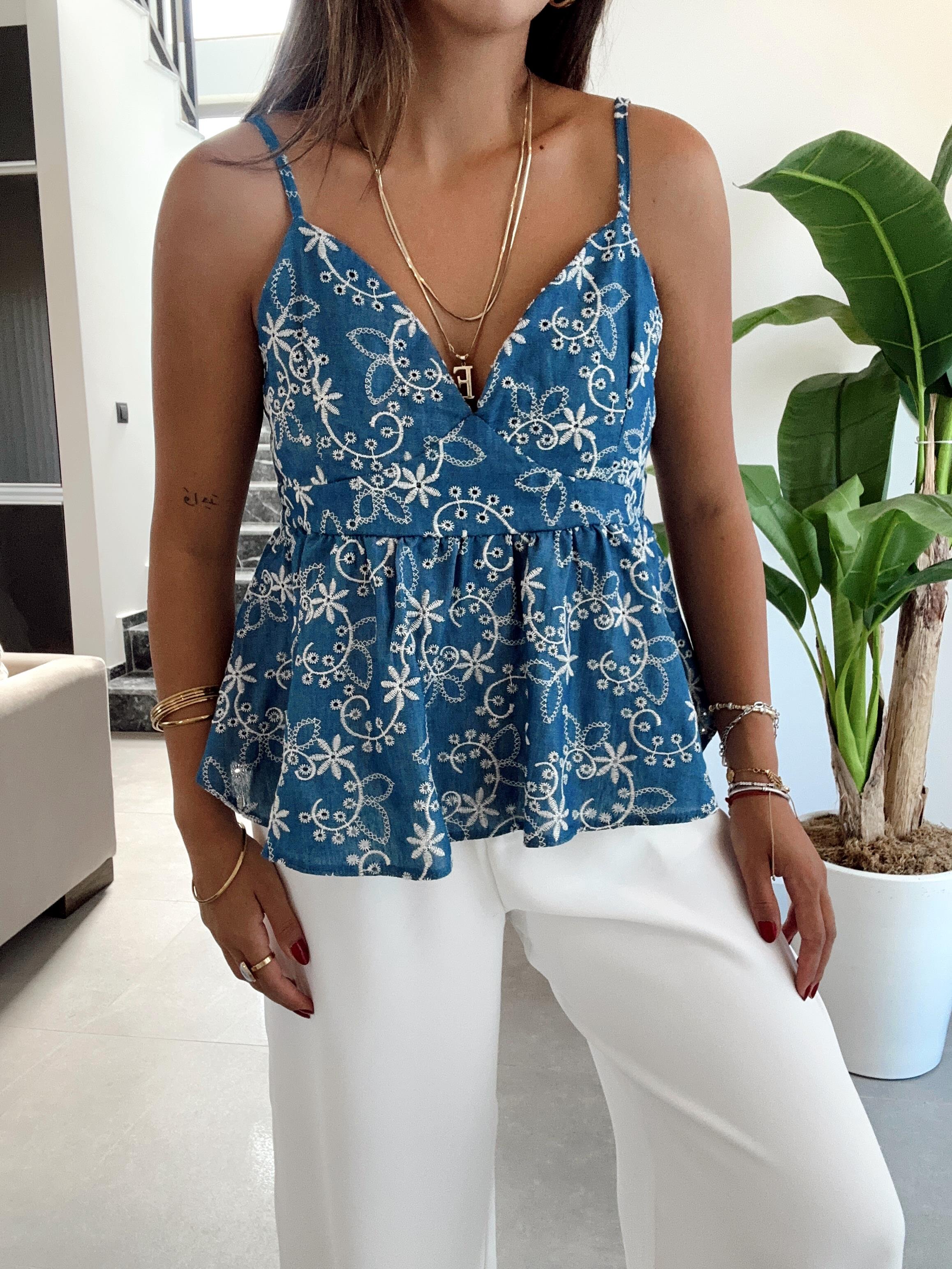 Mavi Desenli Askılı Bluz