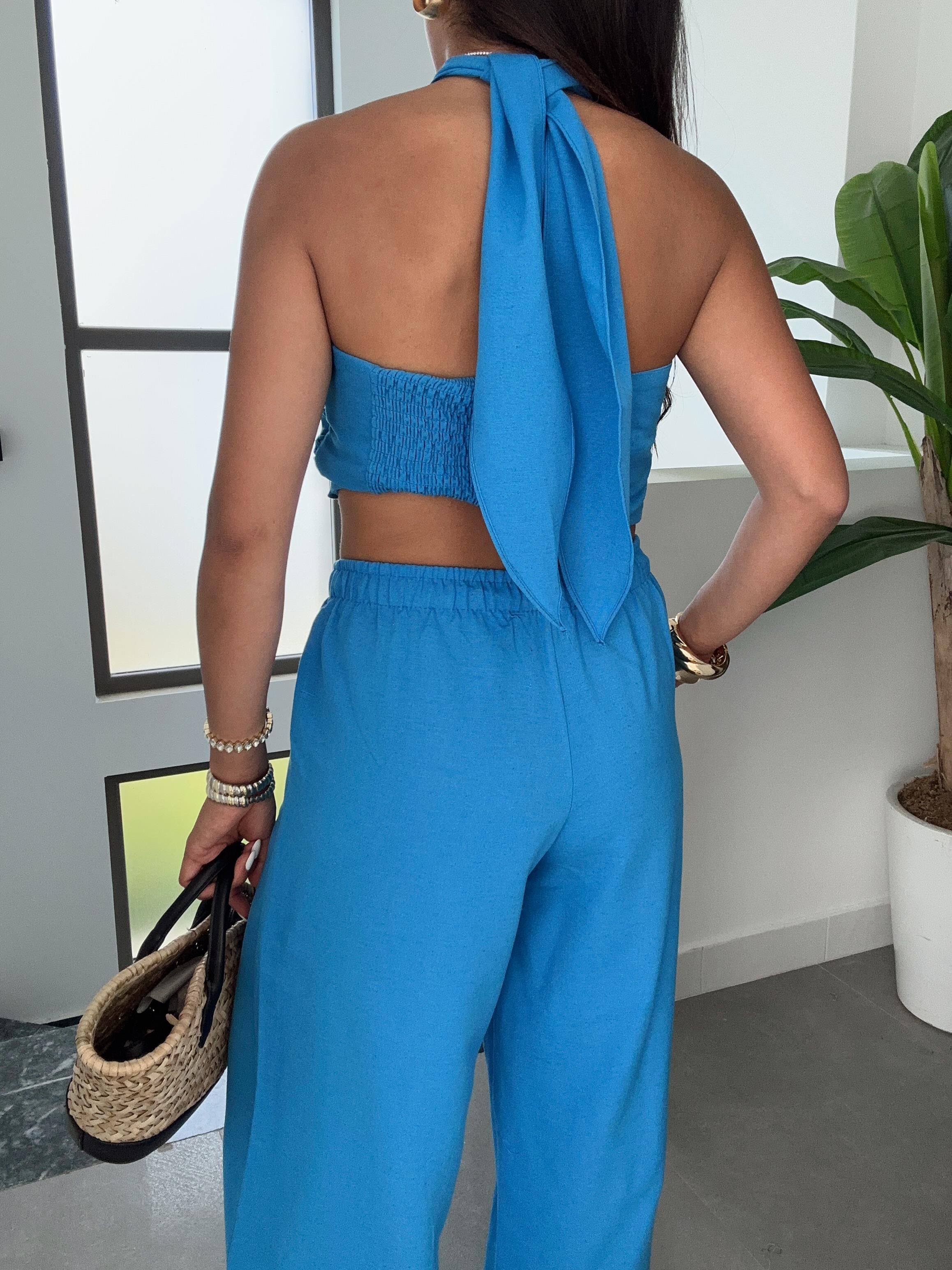 Mavi Halter Yaka Bluz Takım