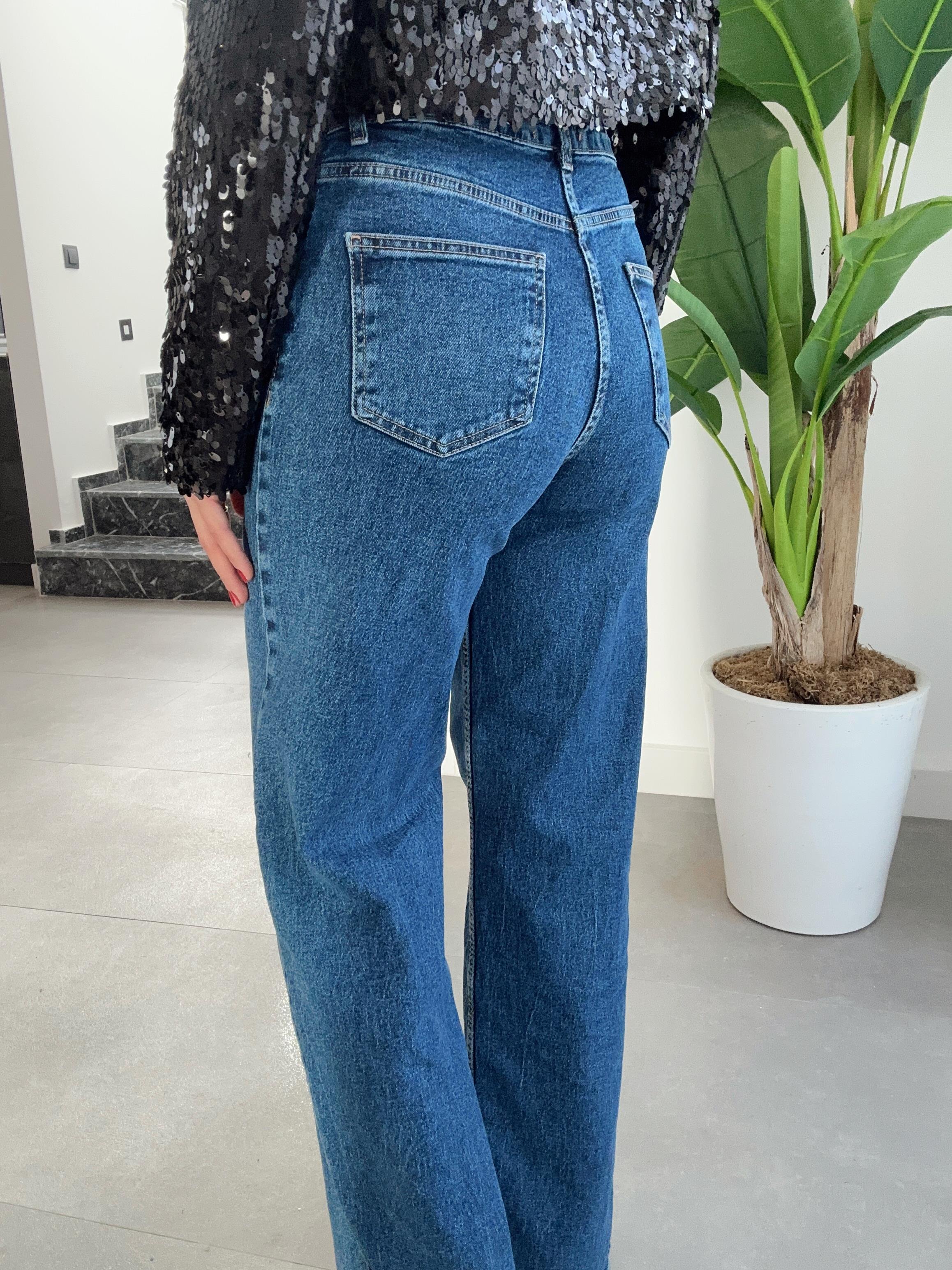 Mavi Likralı Wideleg Pantolon