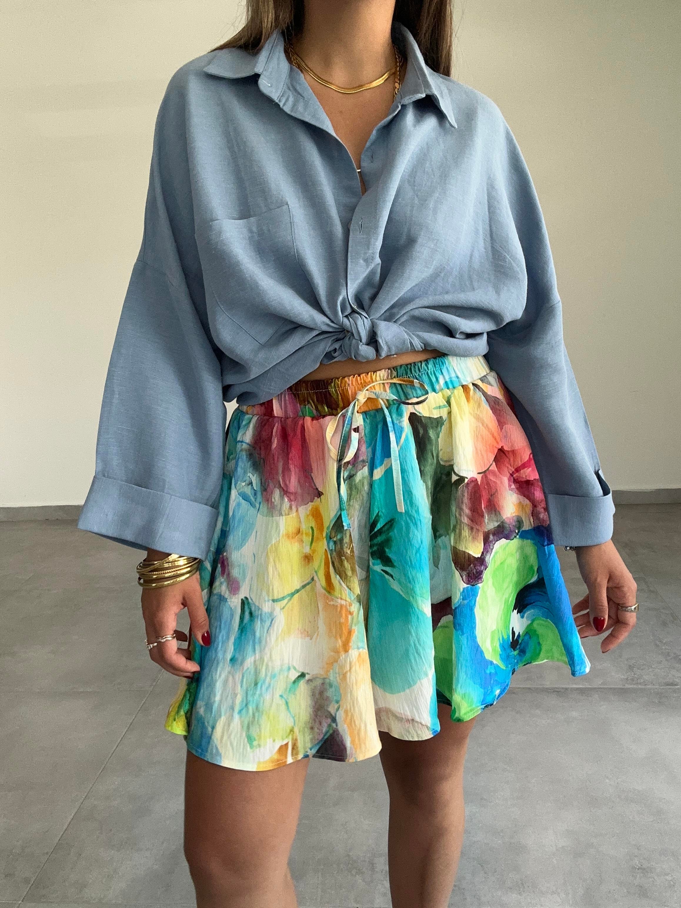 Mavi  Oversize Keten Gömlek