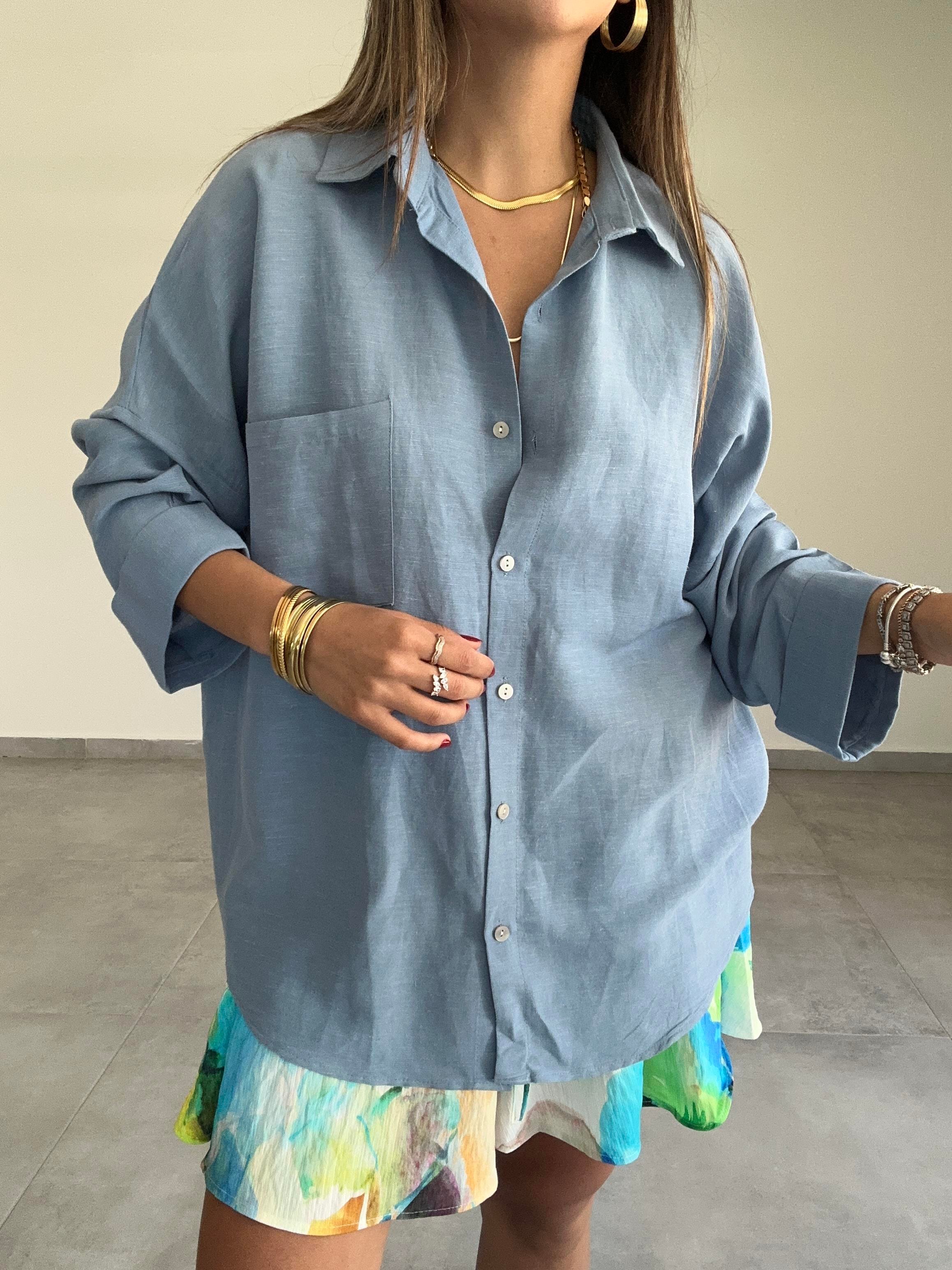 Mavi  Oversize Keten Gömlek