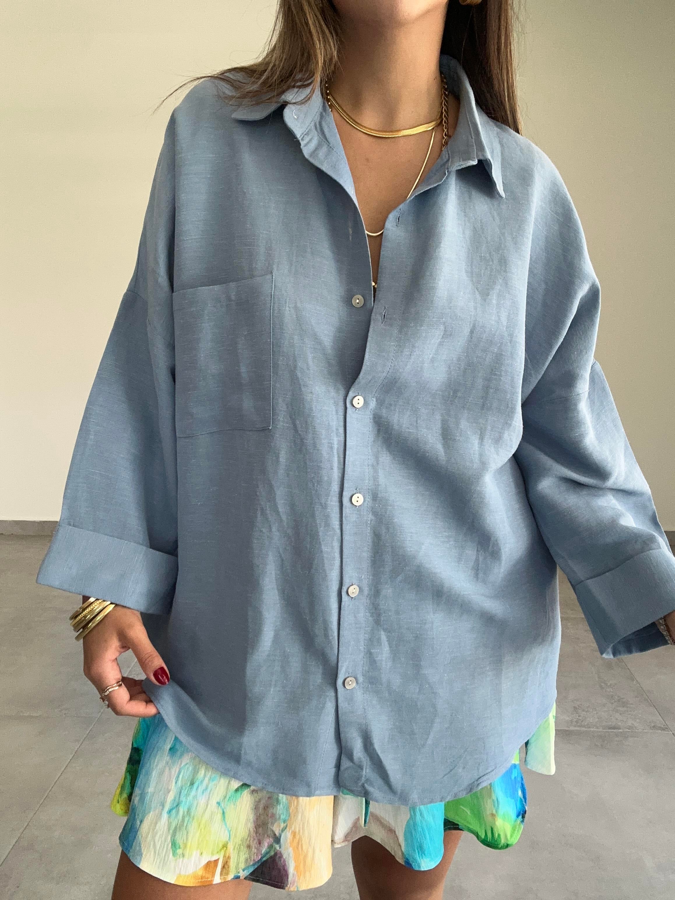 Mavi  Oversize Keten Gömlek