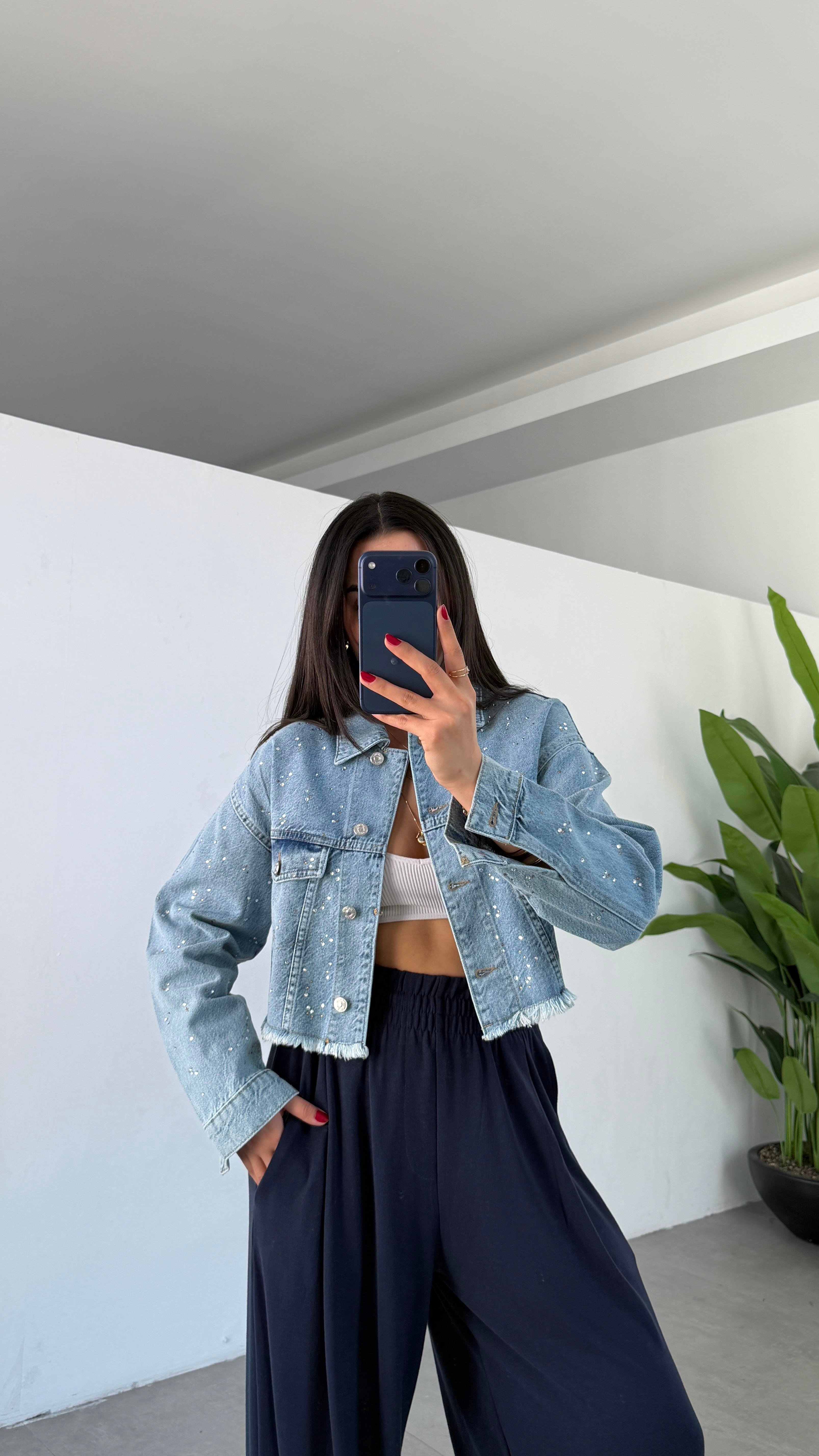 Mavi Taşlı Kot Ceket