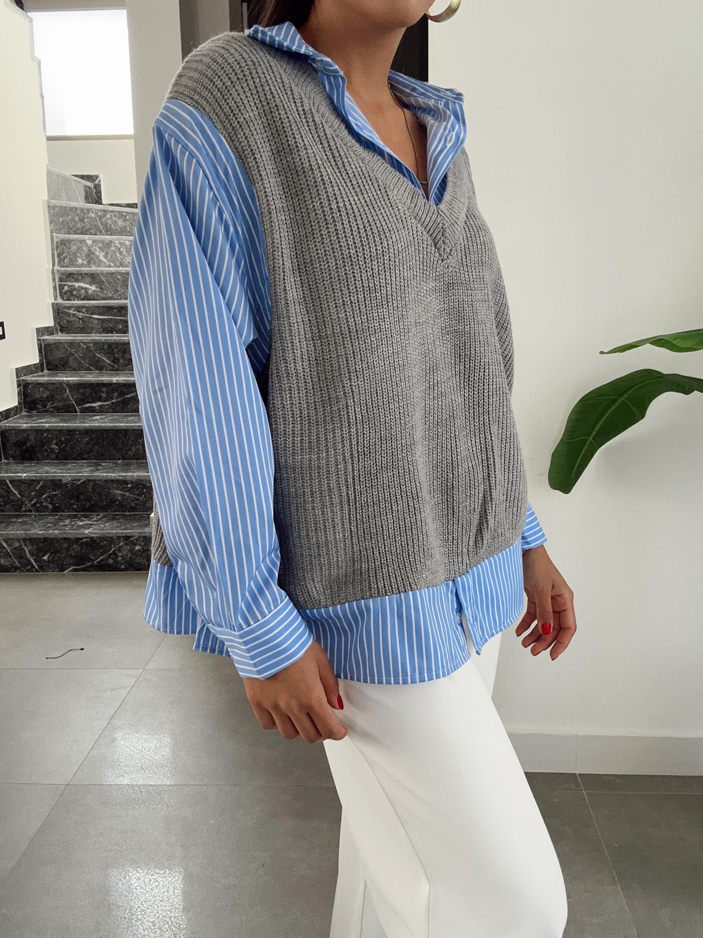 Mavi Triko Garnilli Gömlek