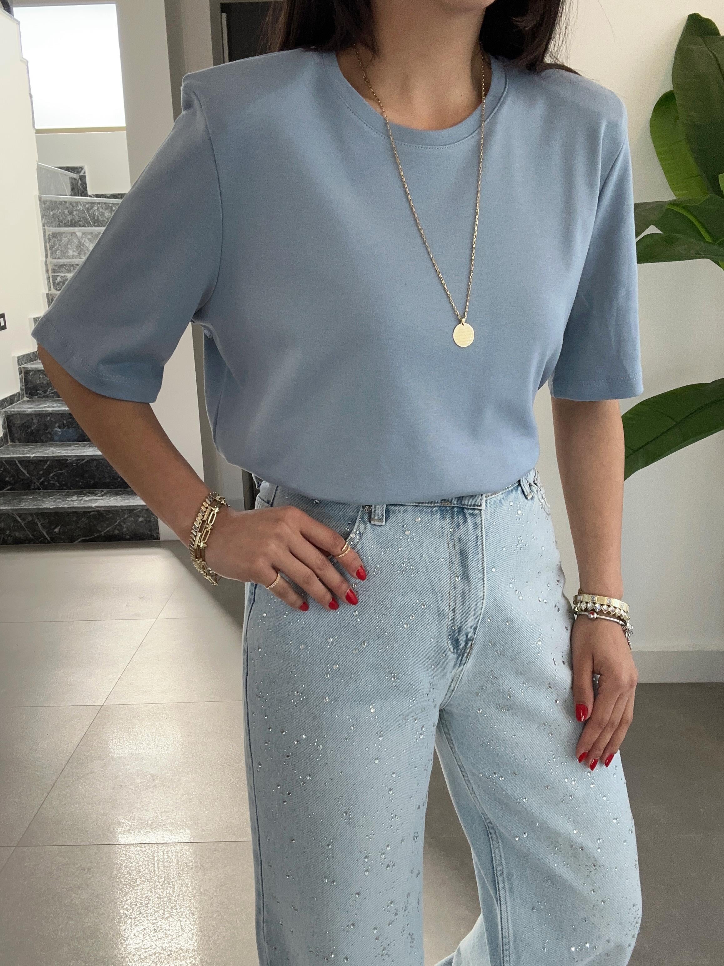 Mavi Vatkalı Basic Tişört