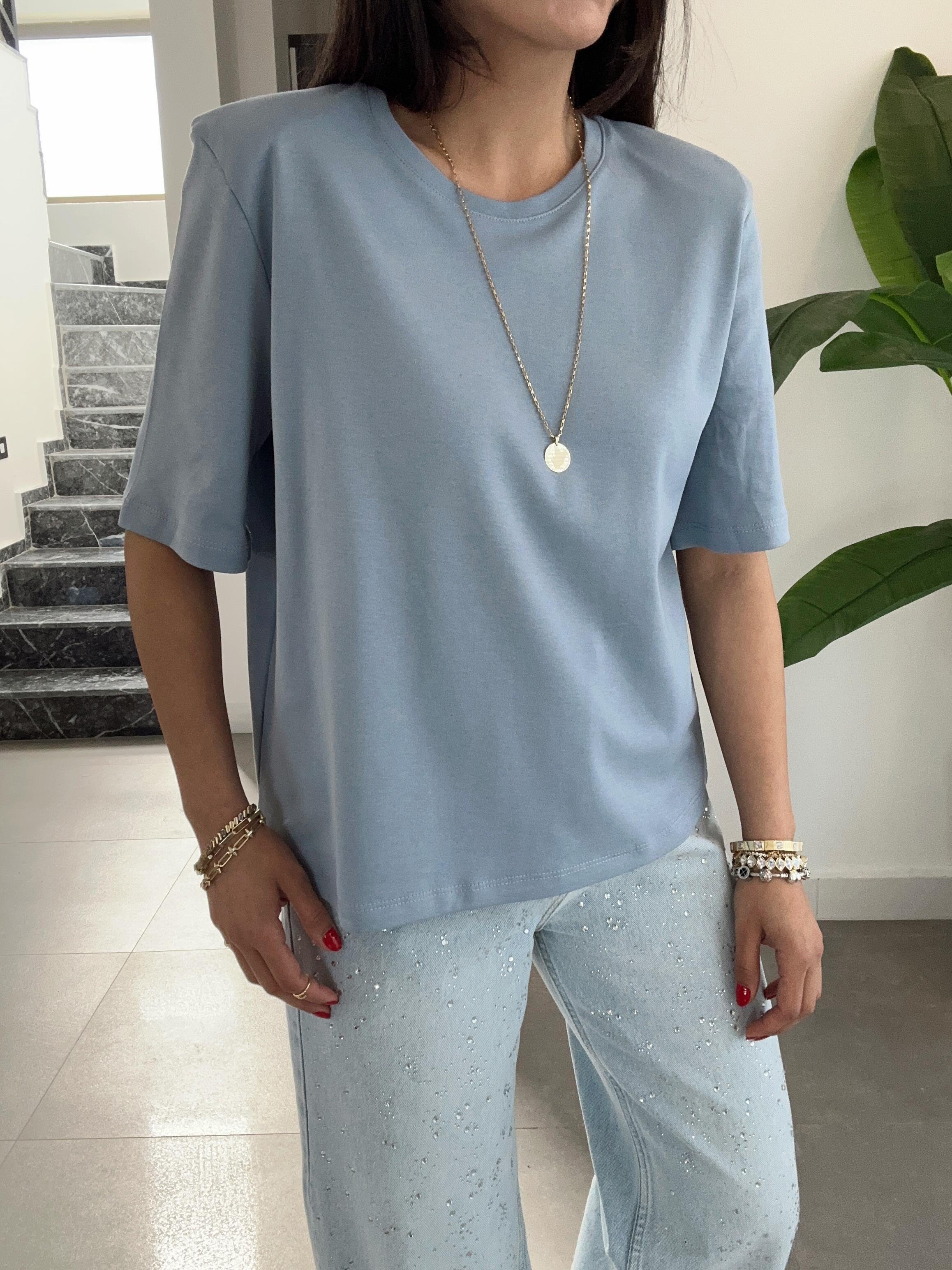 Mavi Vatkalı Basic Tişört