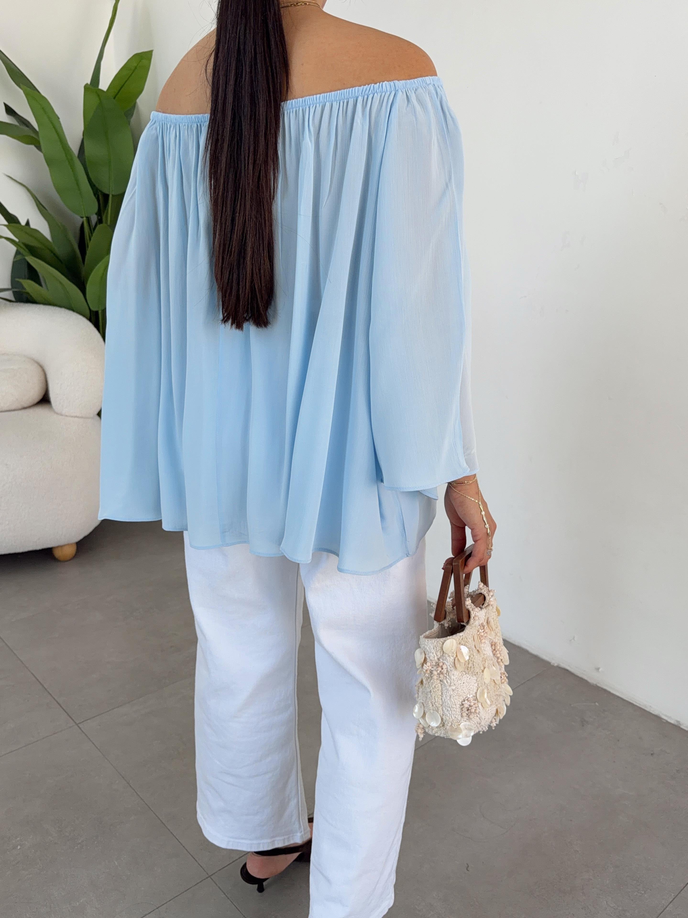 Mavi Yakası Lastikli Bluz