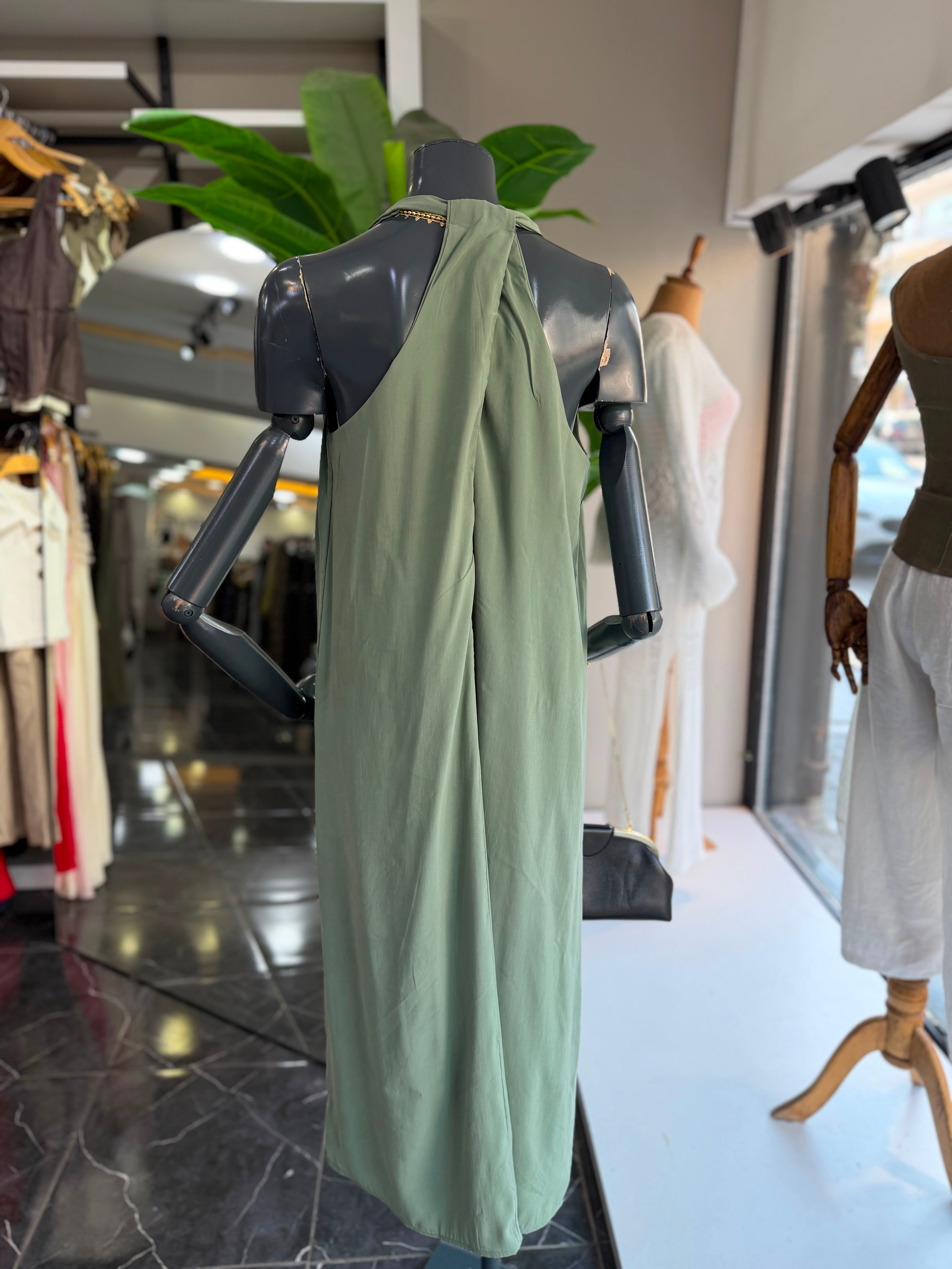 Mint Yeşili Cupra V Yaka Elbise