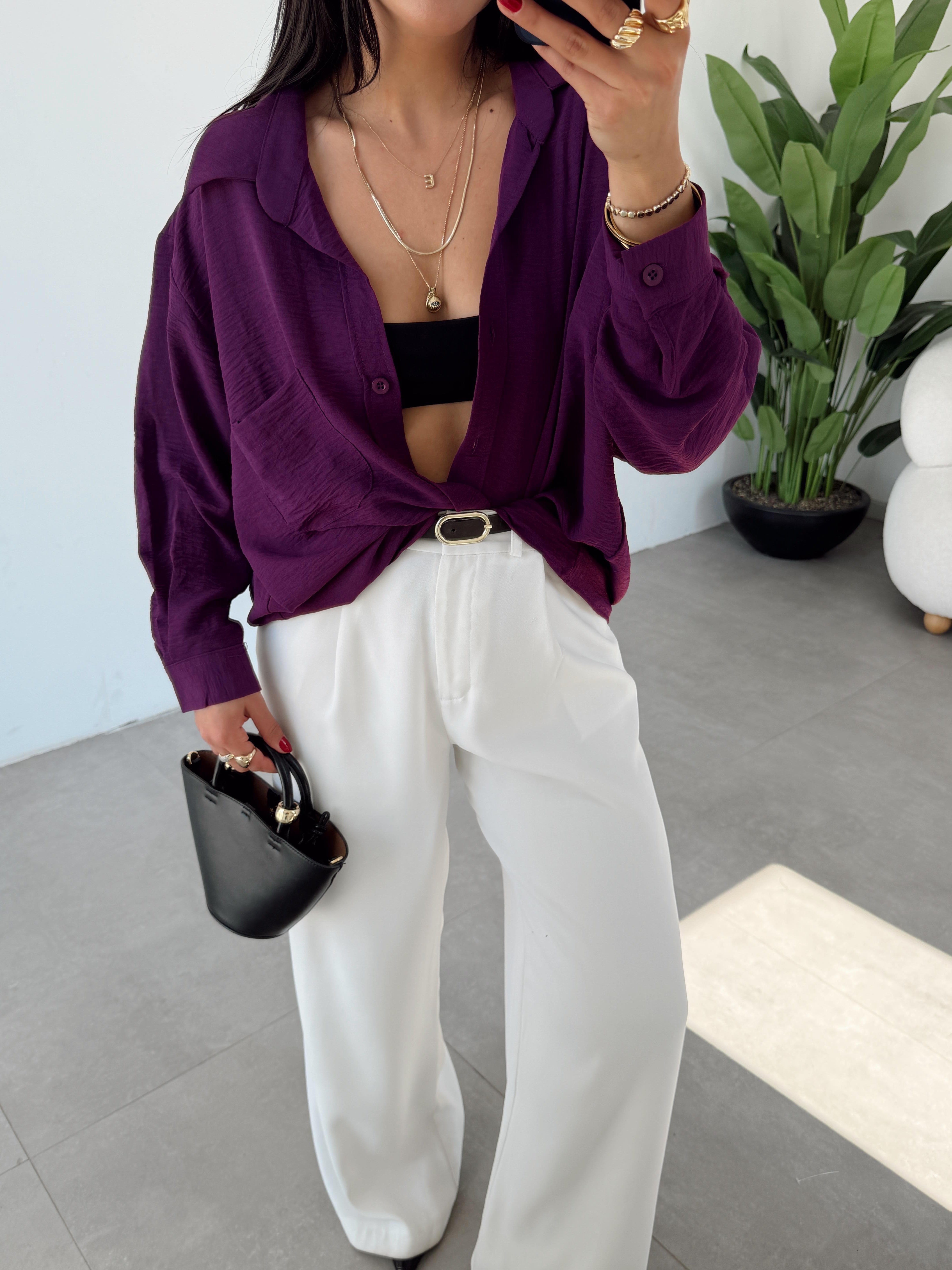 Mor Ayrobin Cepli Oversize Gömlek