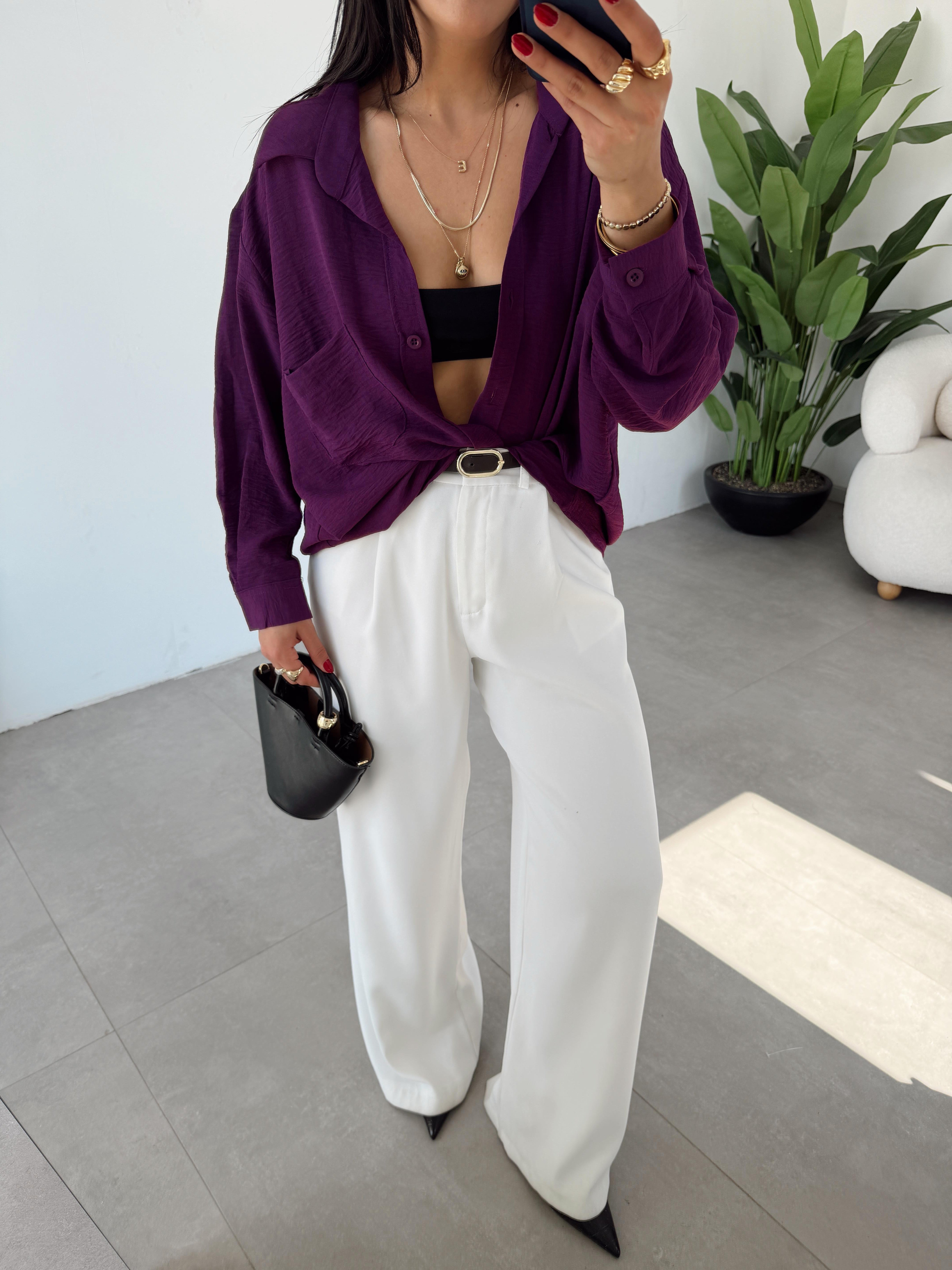 Mor Ayrobin Cepli Oversize Gömlek