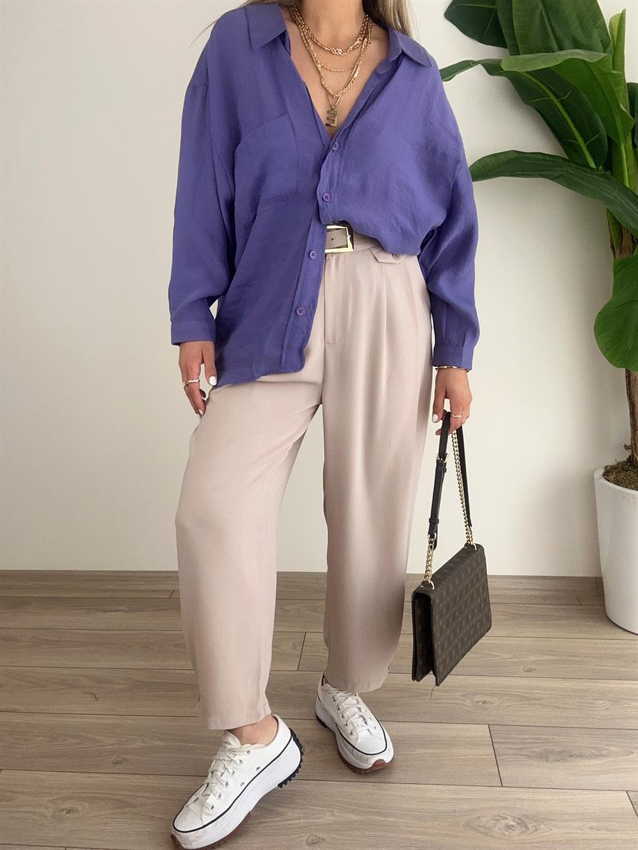 Mor Düşük Omuz Gömlek