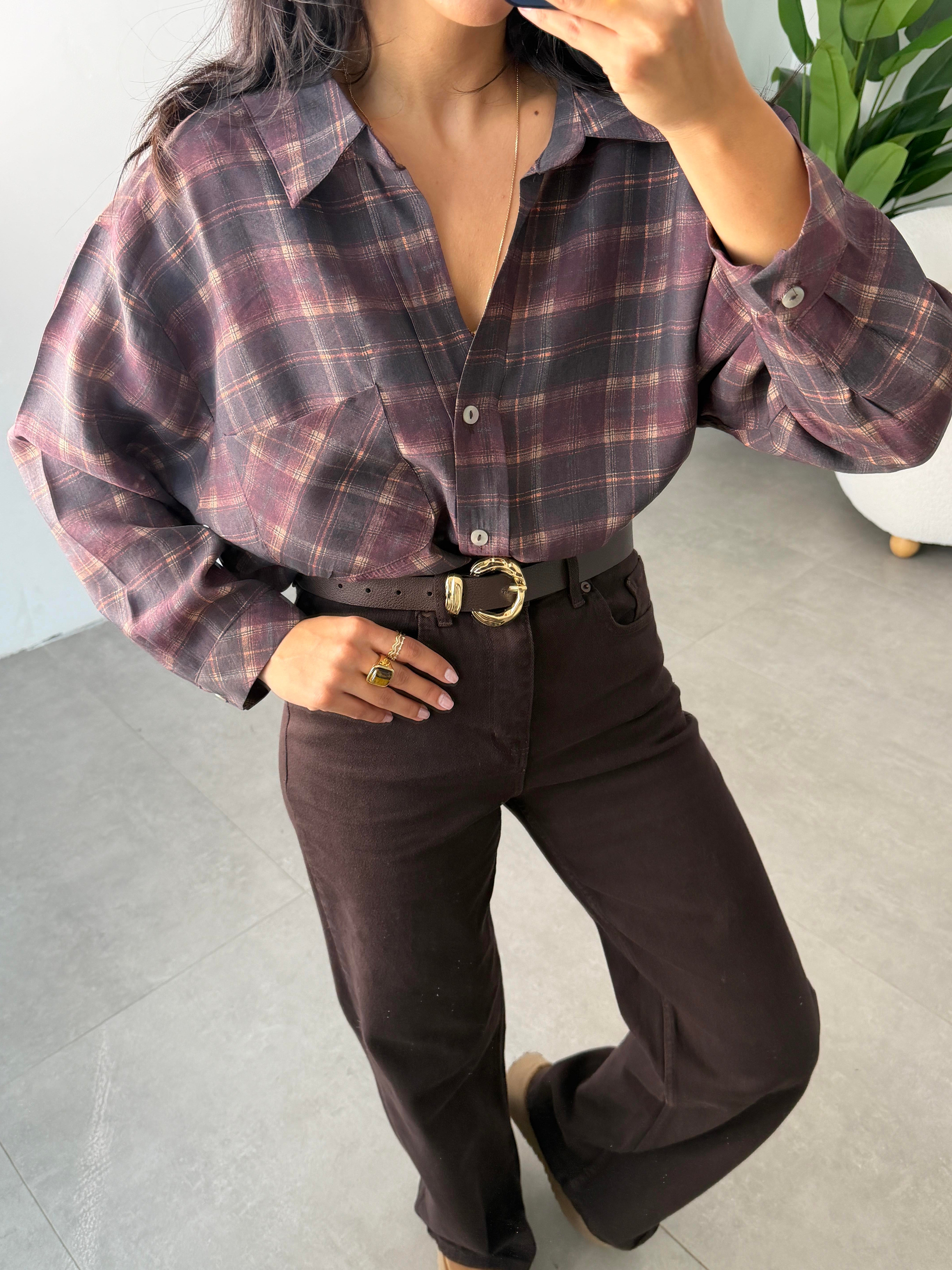 Mürdüm Baskılı Oversize Gömlek