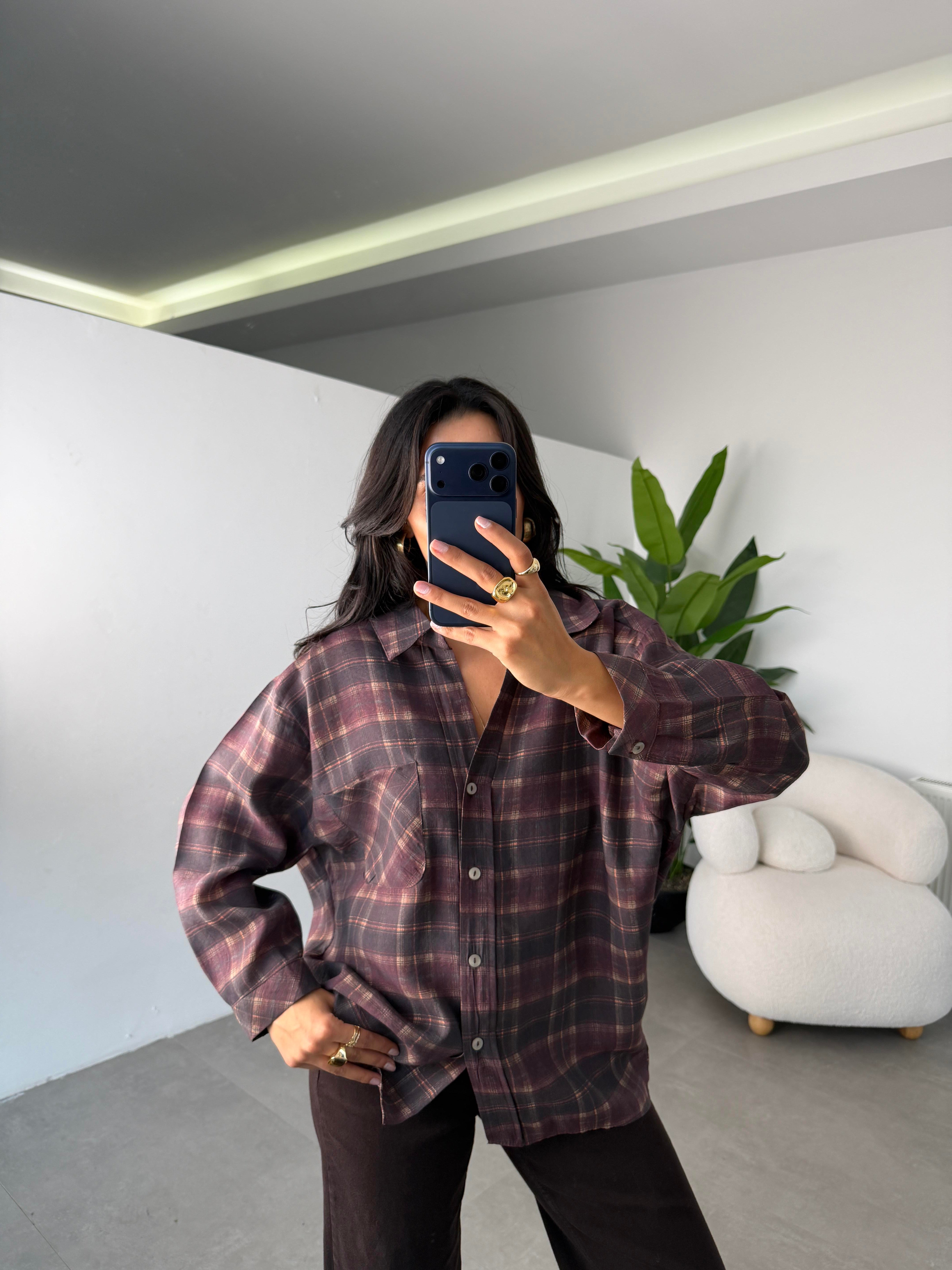 Mürdüm Baskılı Oversize Gömlek