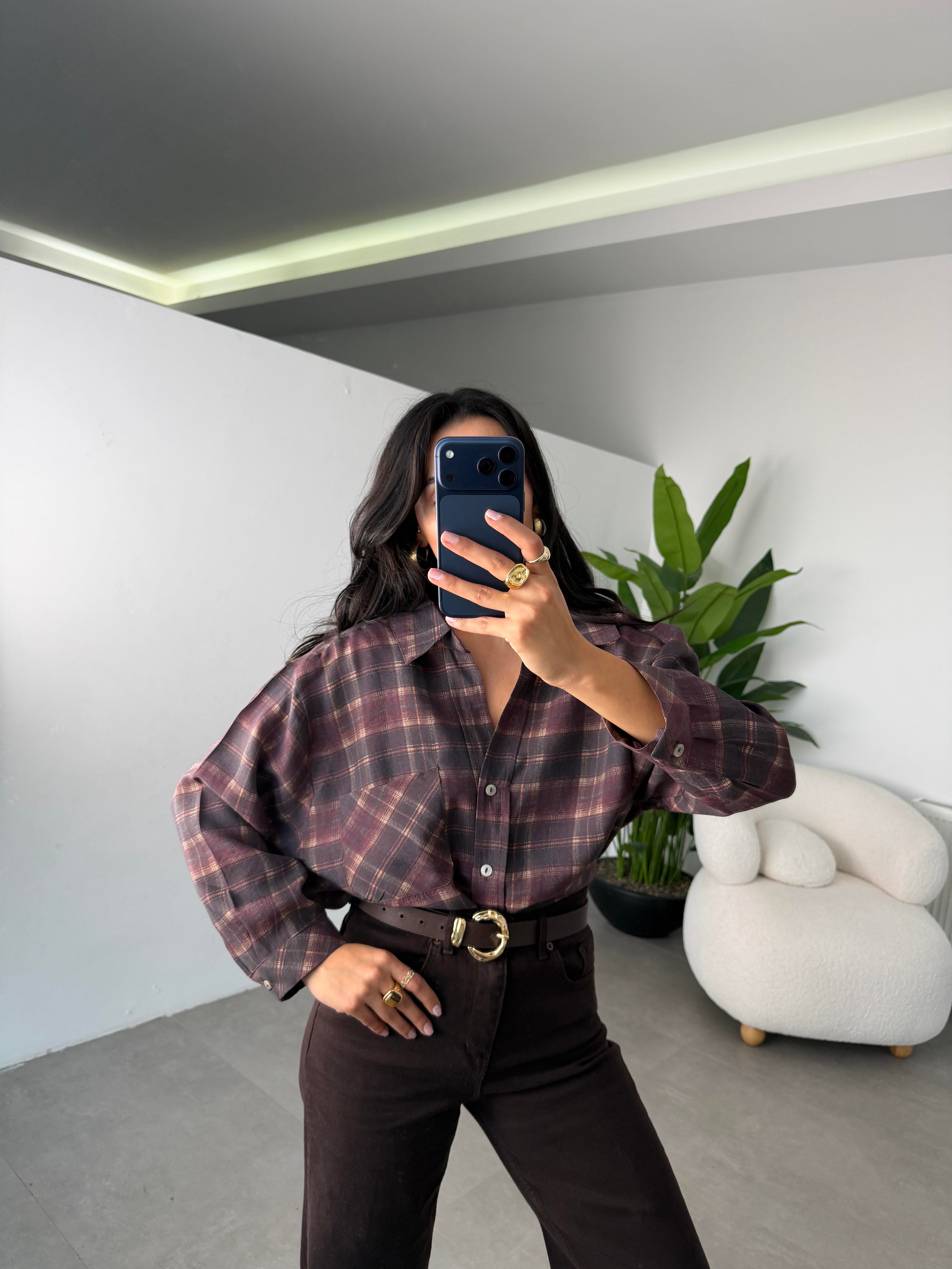 Mürdüm Baskılı Oversize Gömlek