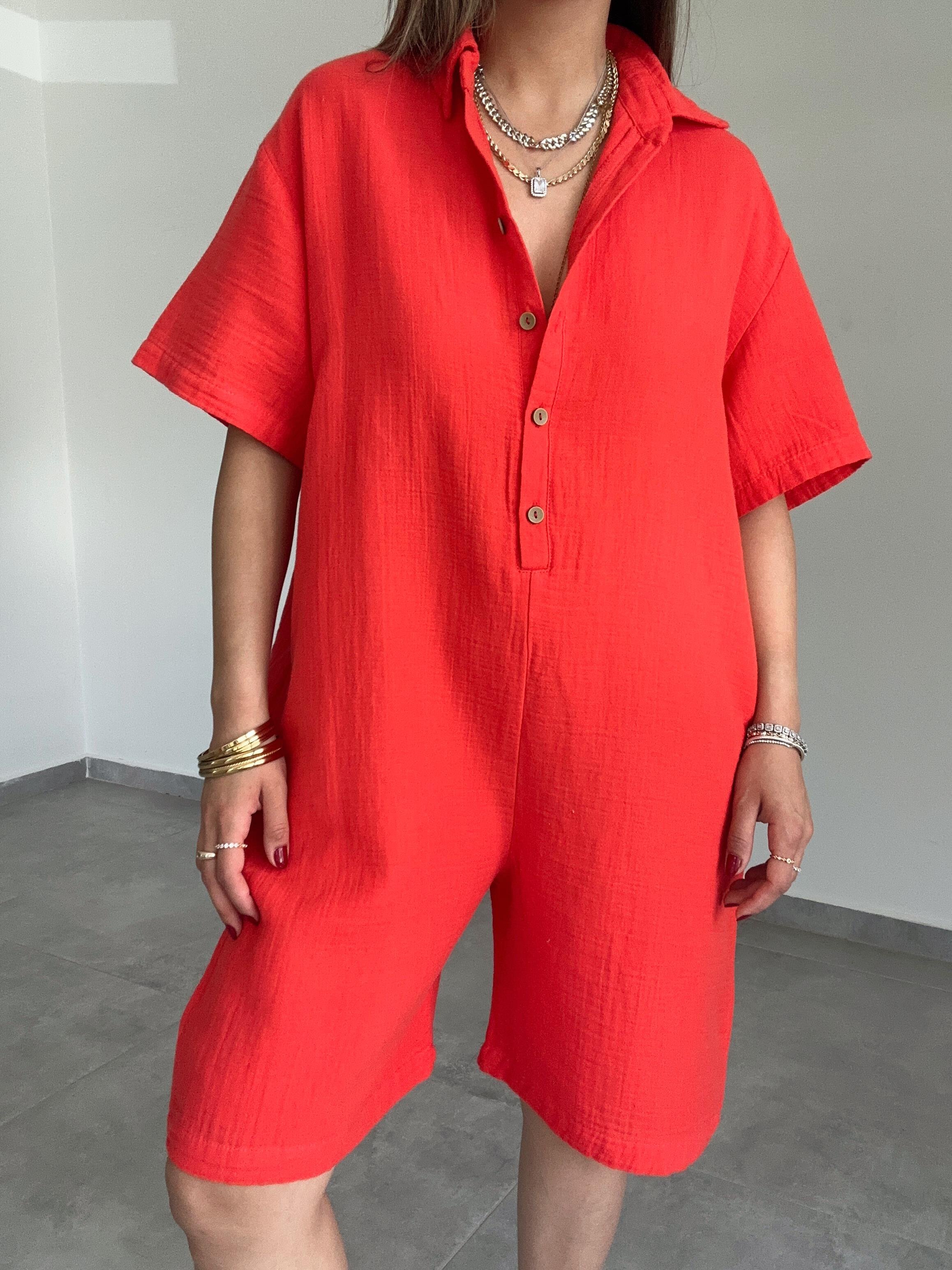 Nar Çiçeği Müslin Yakalı Tulum