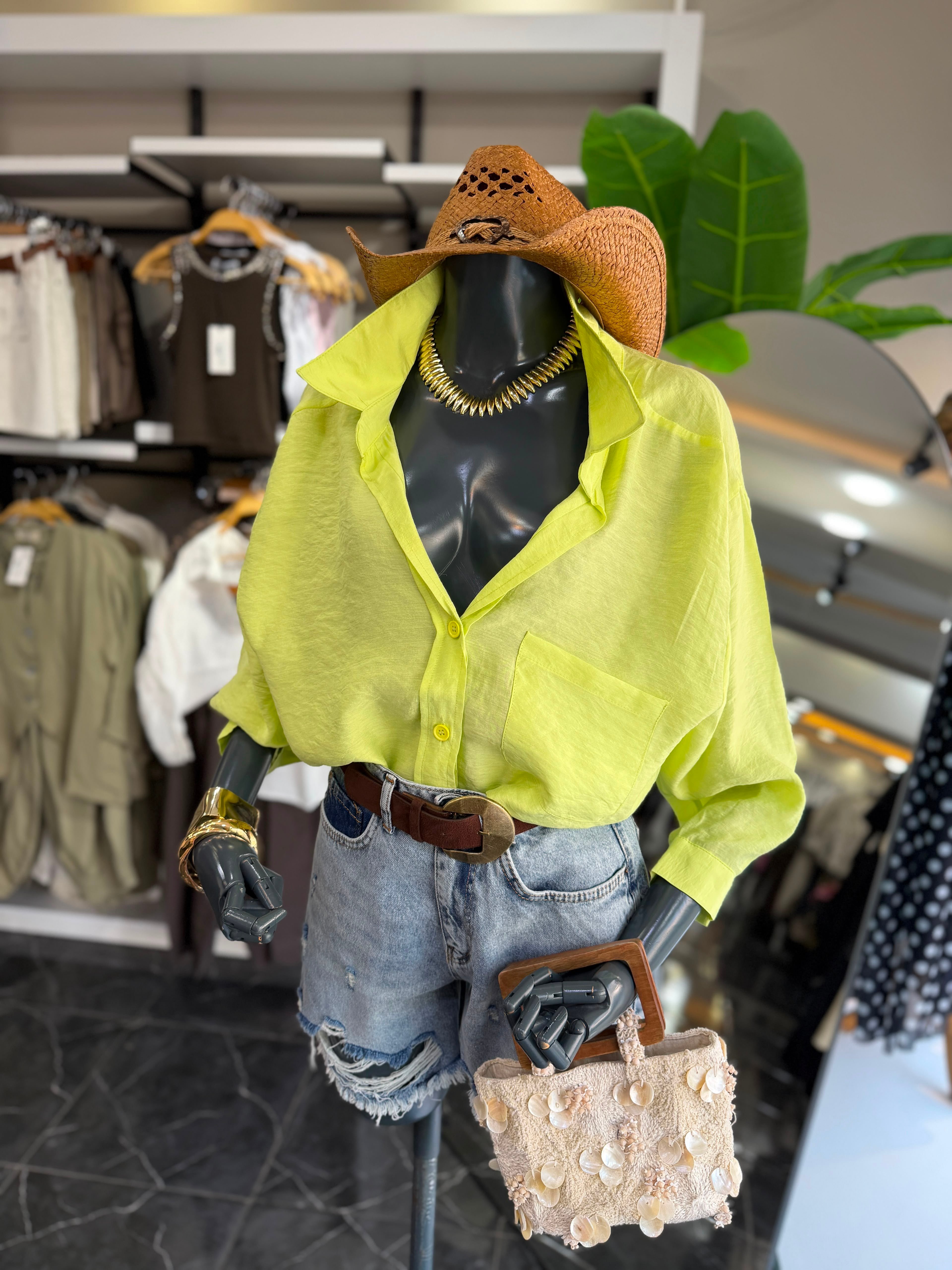 Neon Sarı Düşük Omuz Oversize Gömlek