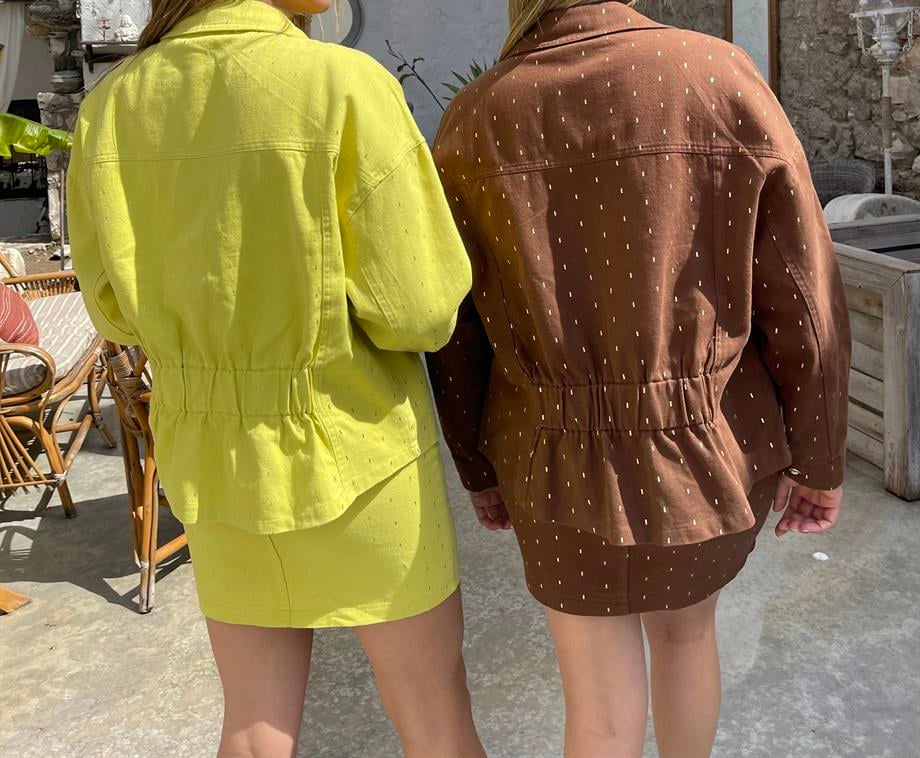 Neon Sarı Sim Detaylı Gabardin Ceket Etek Takım