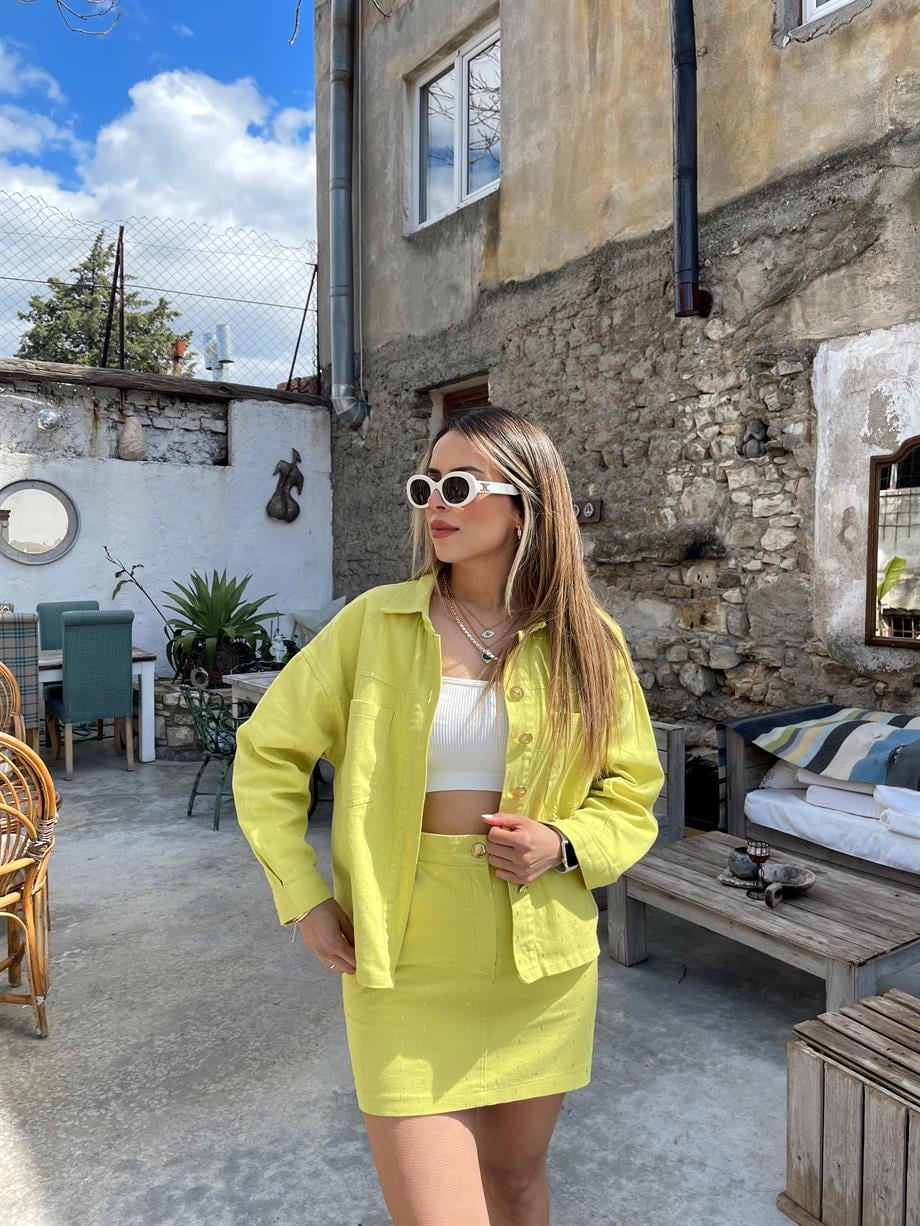 Neon Sarı Sim Detaylı Gabardin Ceket Etek Takım