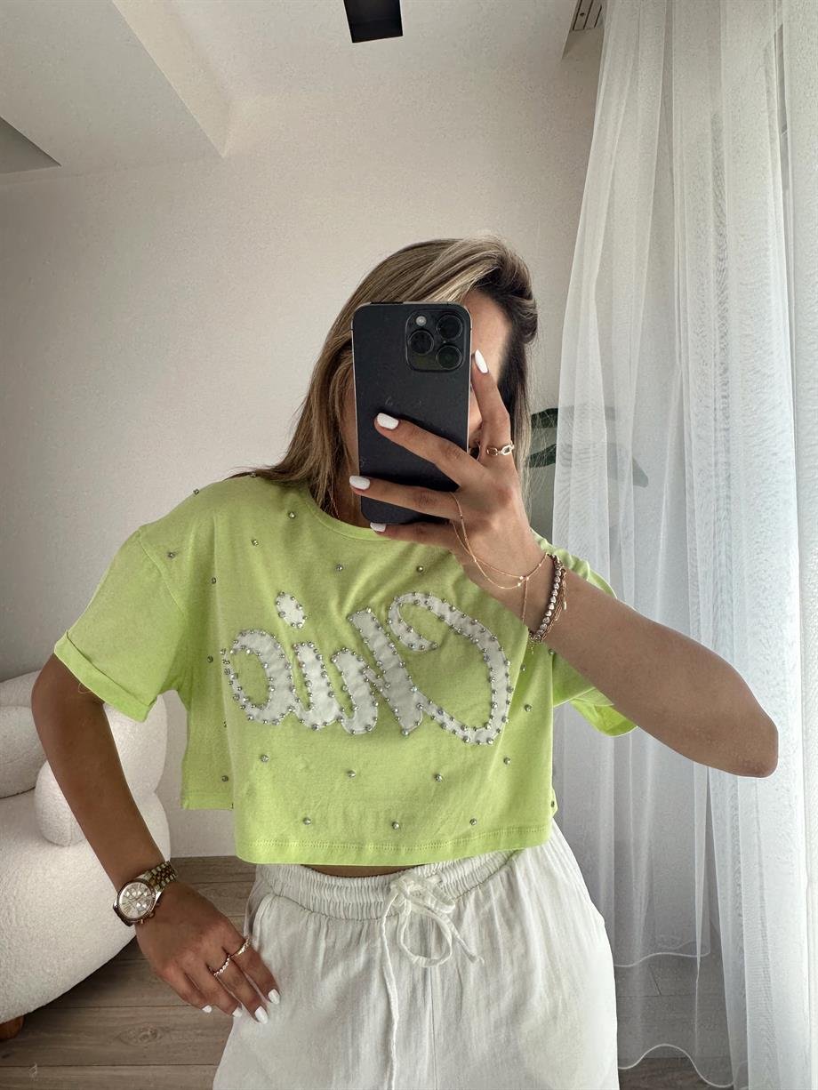 Neon Yeşil Taşlı Tişört