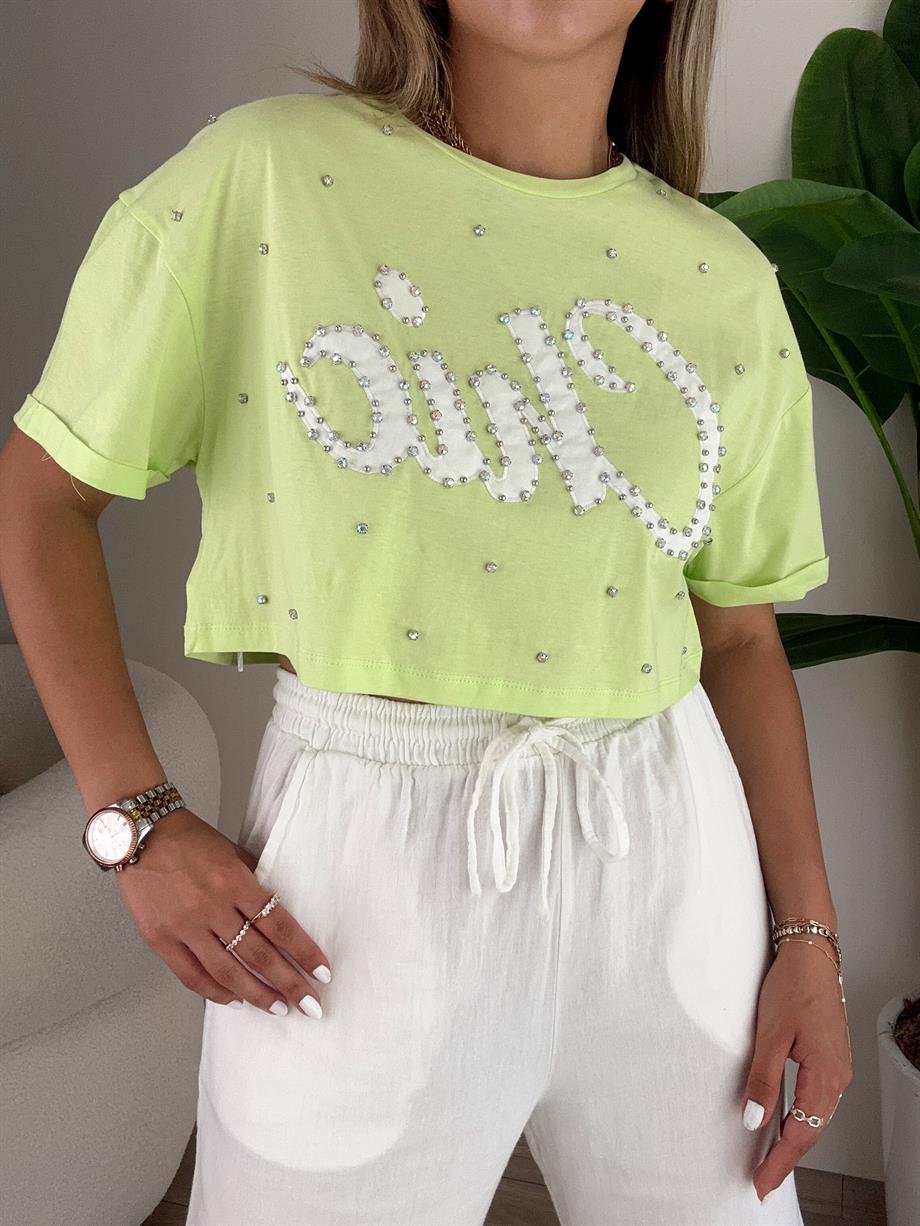 Neon Yeşil Taşlı Tişört