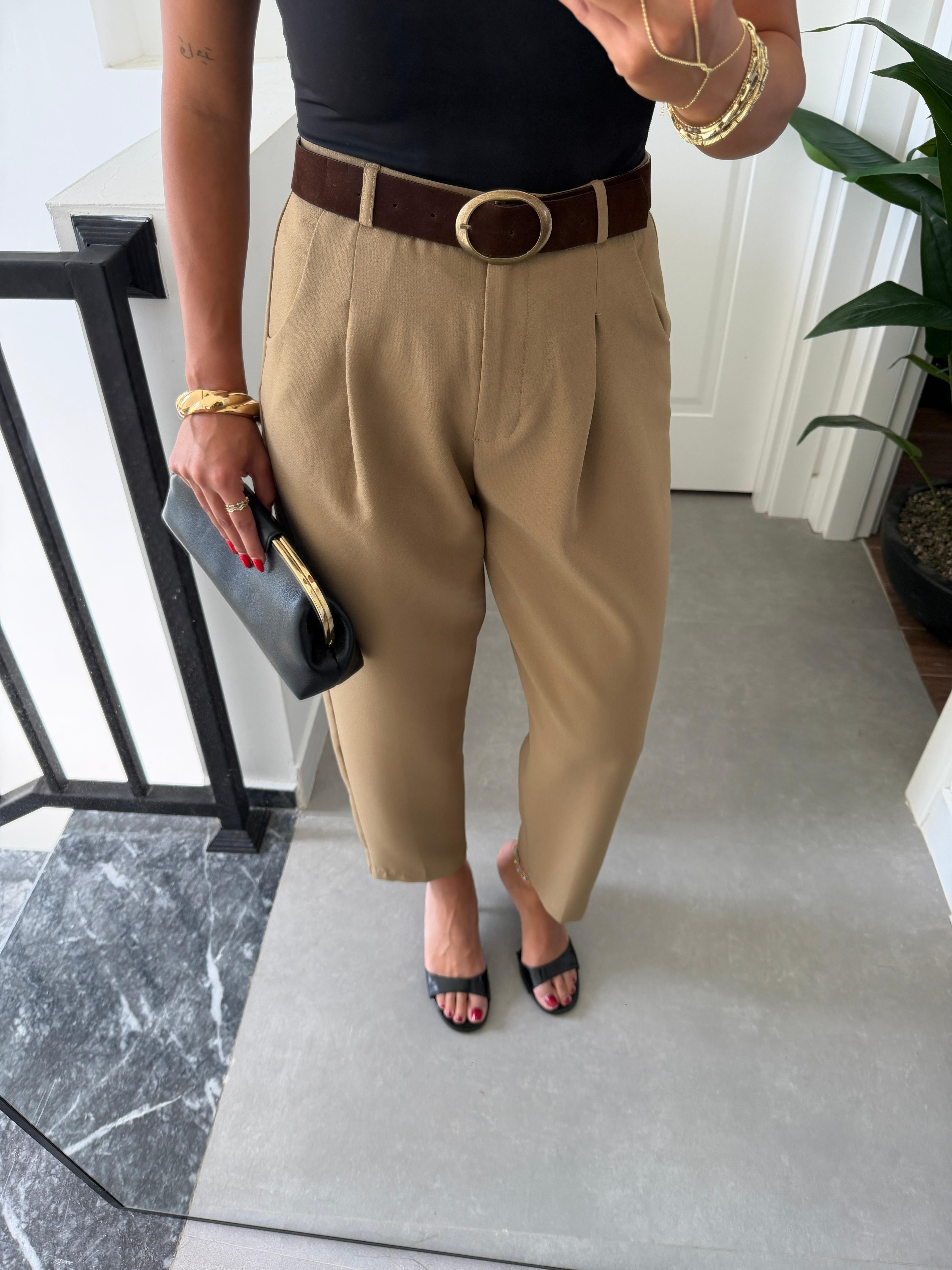 Olive Kemerli Pantolon