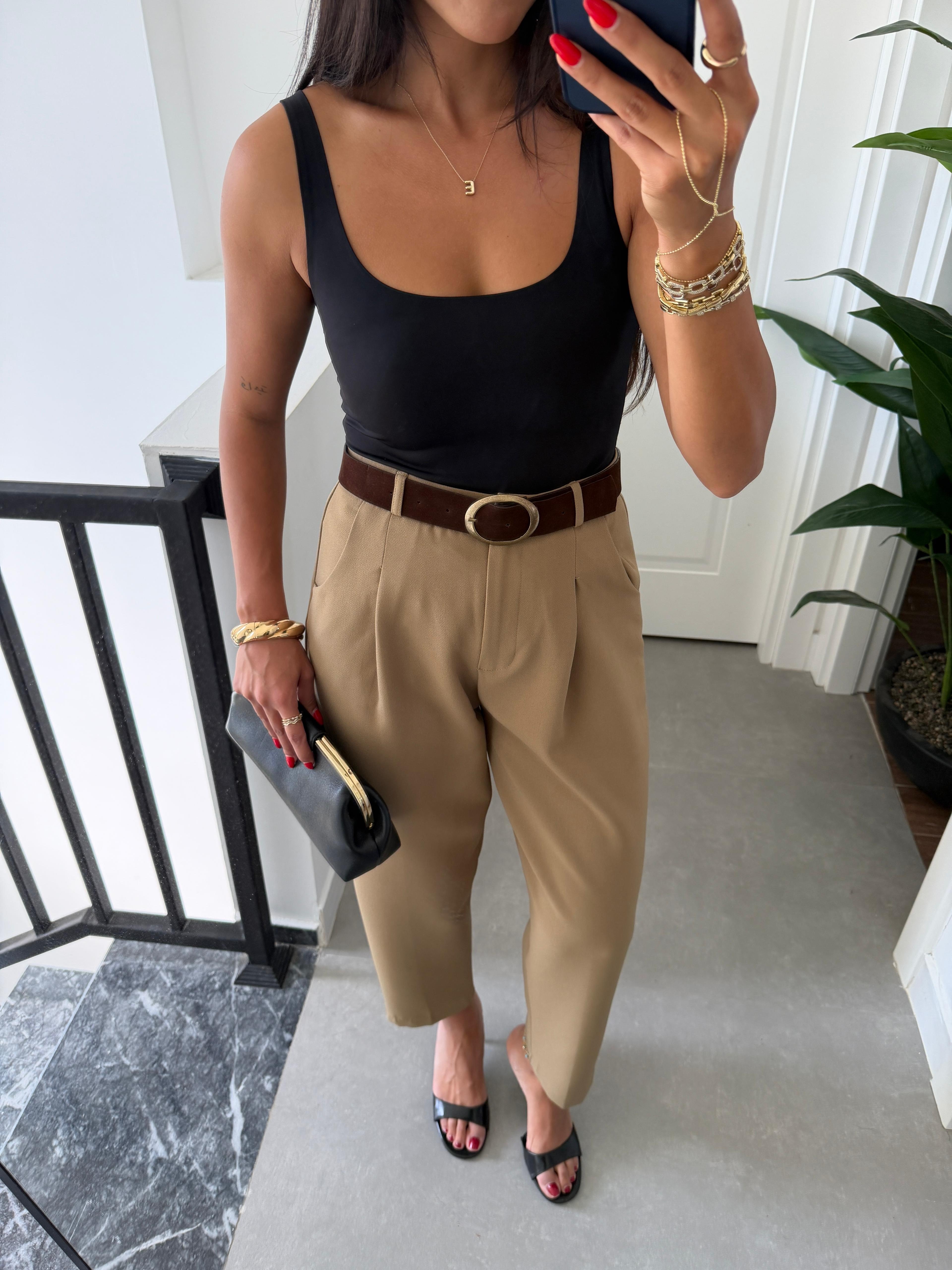 Olive Kemerli Pantolon