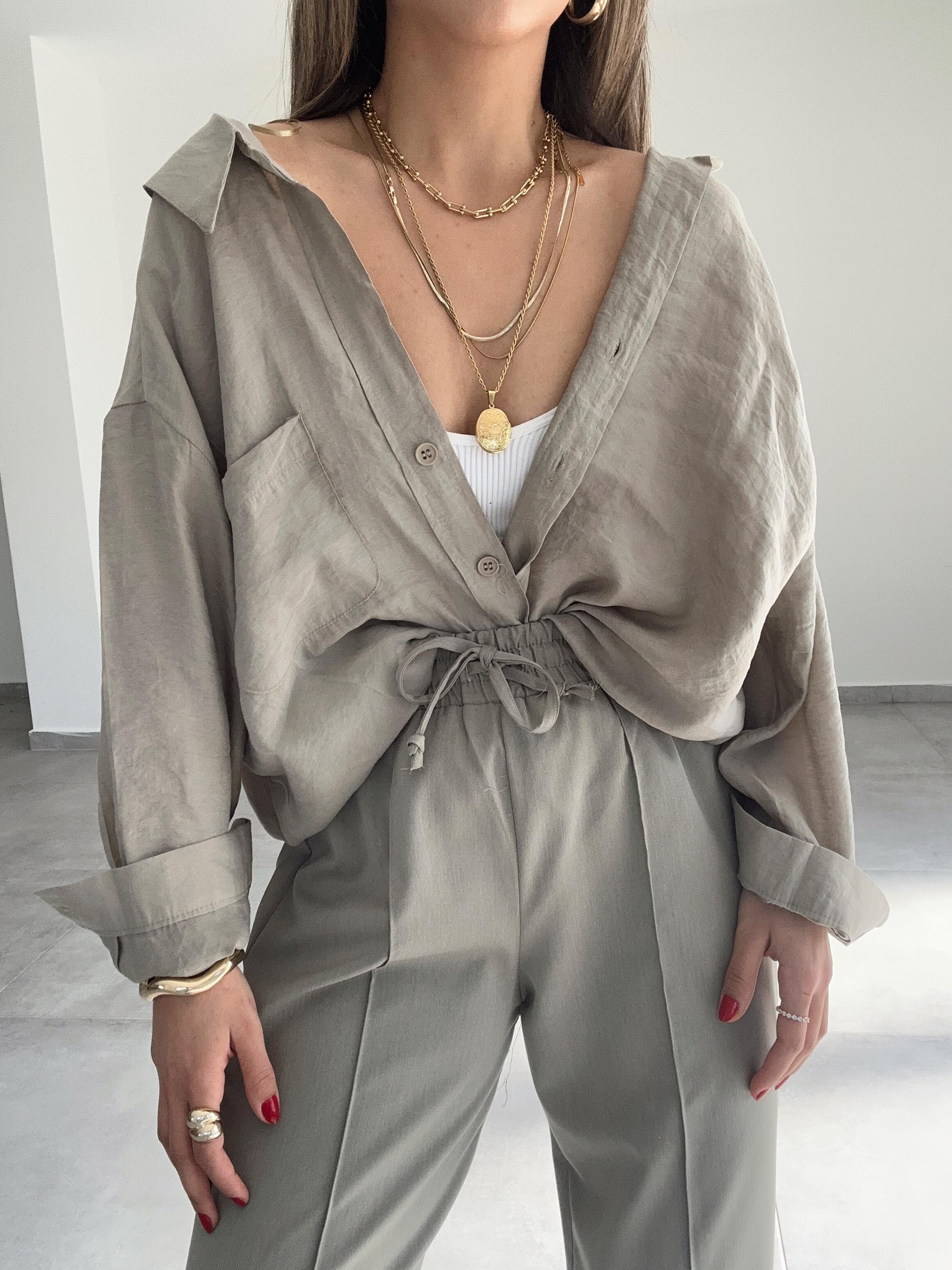 Olive Omzu Düşük Oversize Gömlek