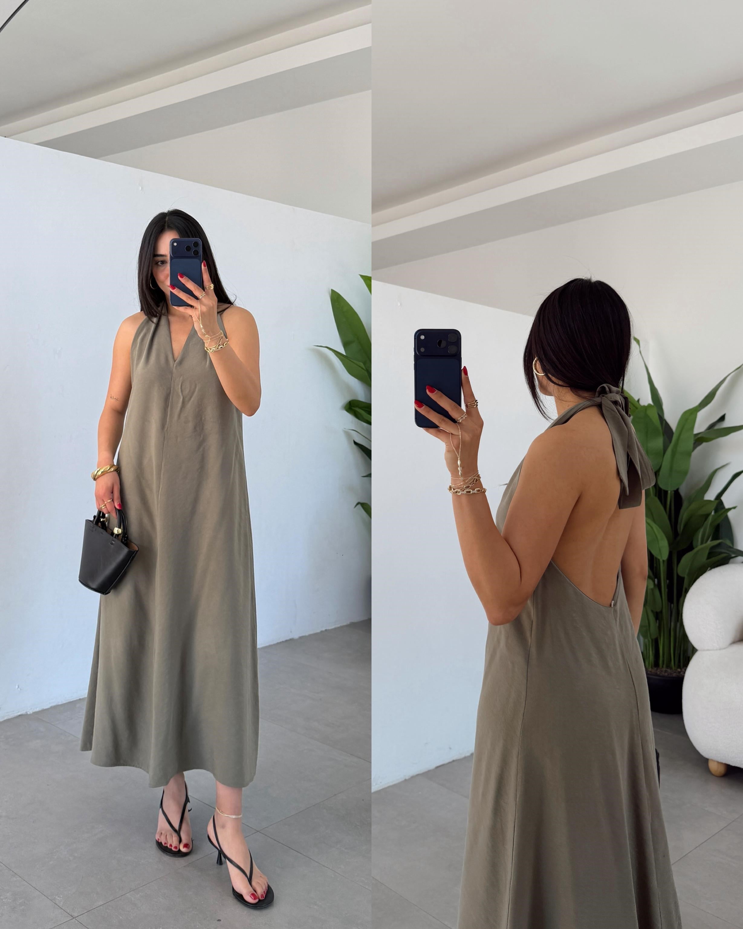Olive Sırt Detaylı Boyundan Bağlamalı Elbise