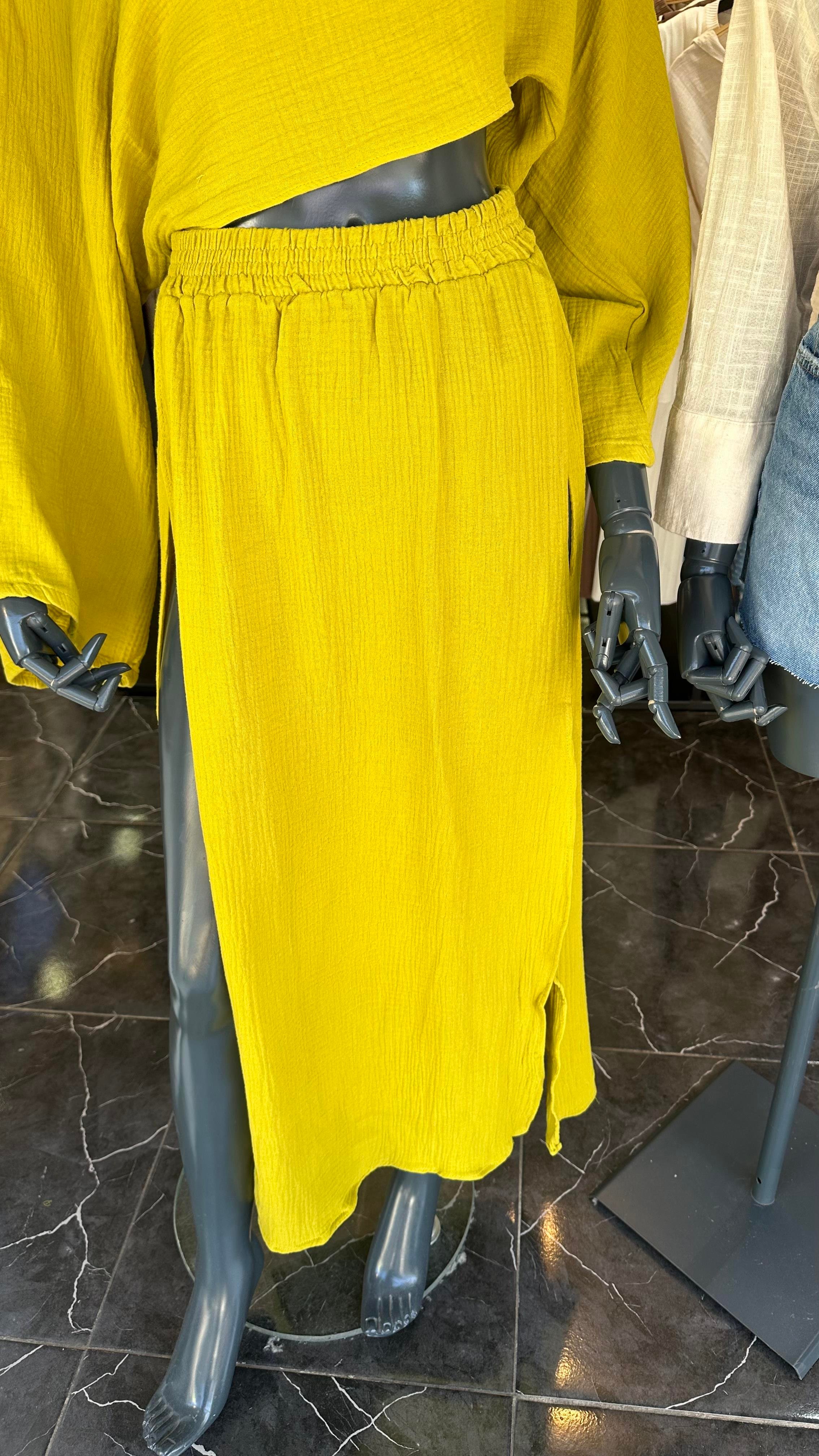 Olive Yanları Yırtmaçlı Müslin Etek