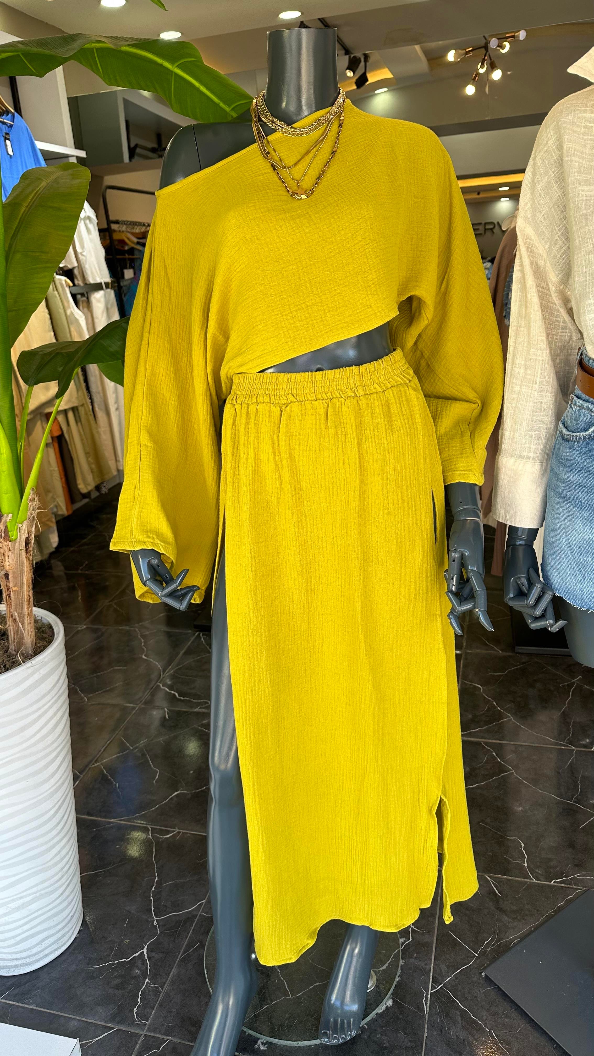 Olive Yanları Yırtmaçlı Müslin Etek
