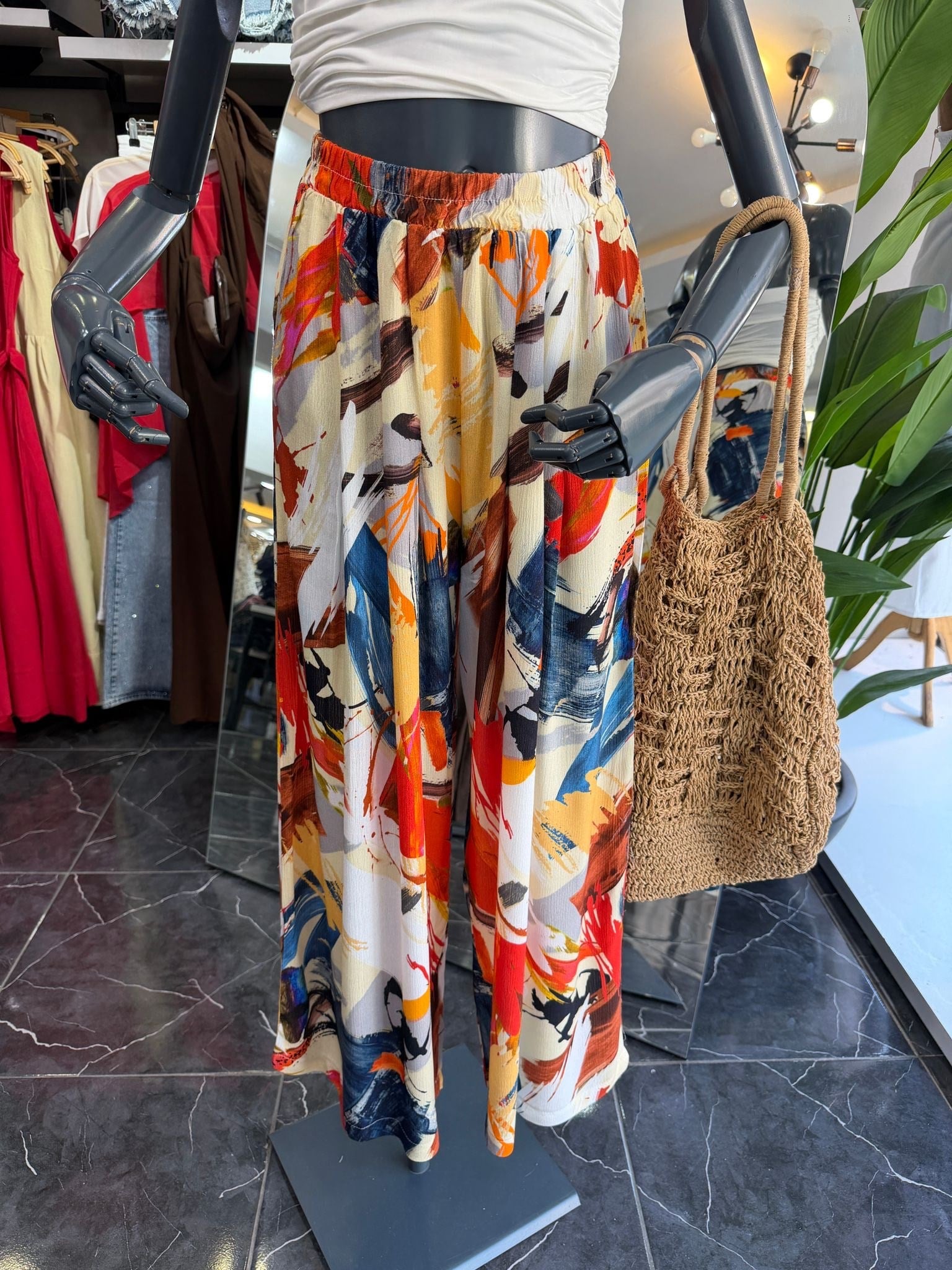 Orange-İndigo Desenli Beli Lastikli Pantolon