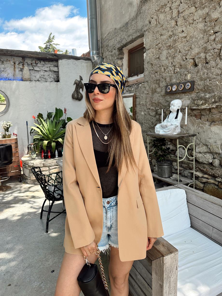 Oversize Camel Tek Düğmeli Ceket