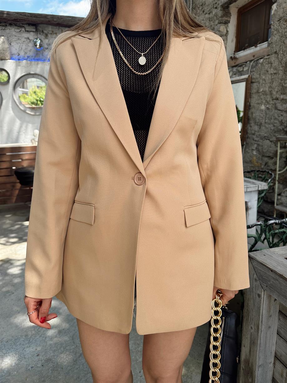 Oversize Camel Tek Düğmeli Ceket