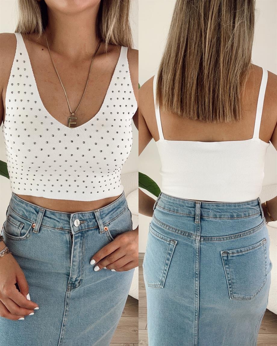 Parlak Taşlı Beyaz Crop