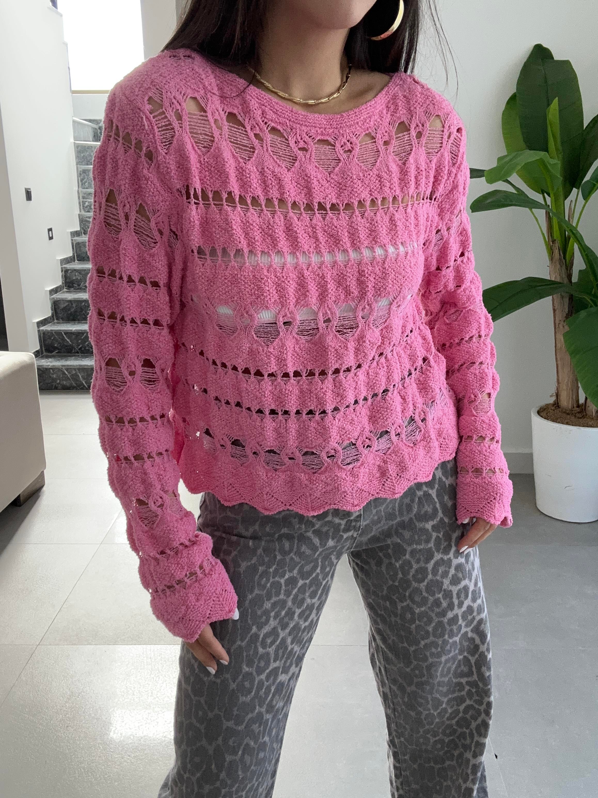 Pembe Ajurlu Triko Bluz