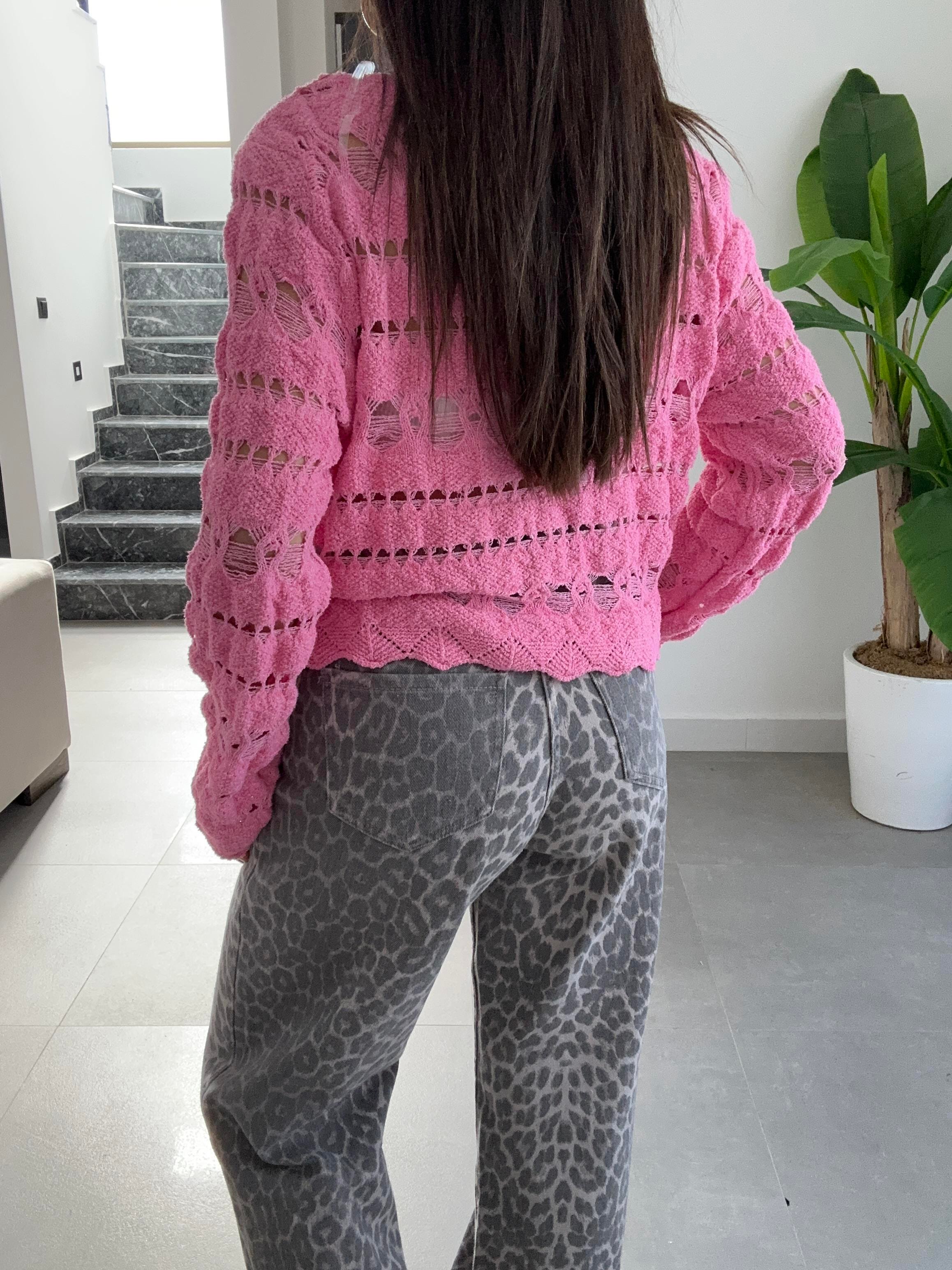 Pembe Ajurlu Triko Bluz