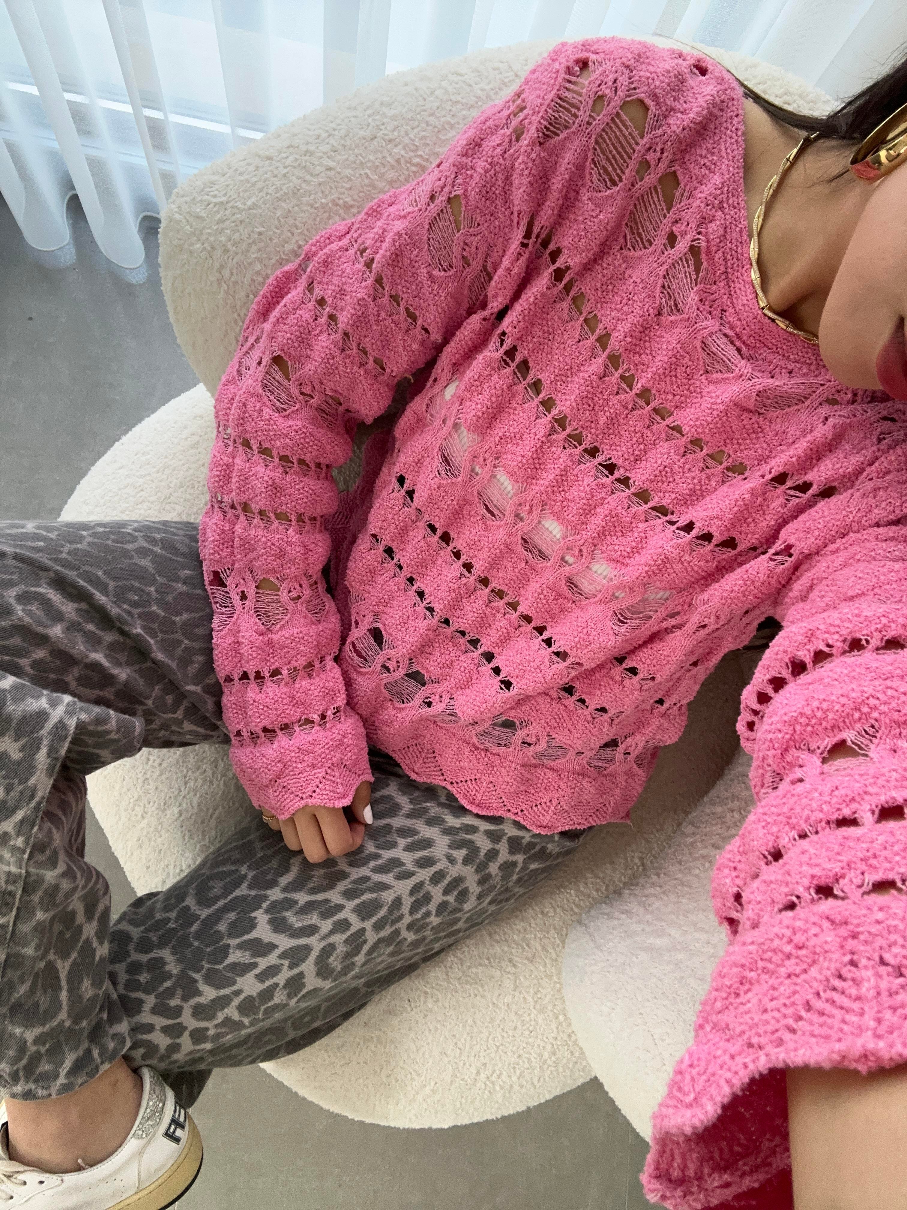 Pembe Ajurlu Triko Bluz