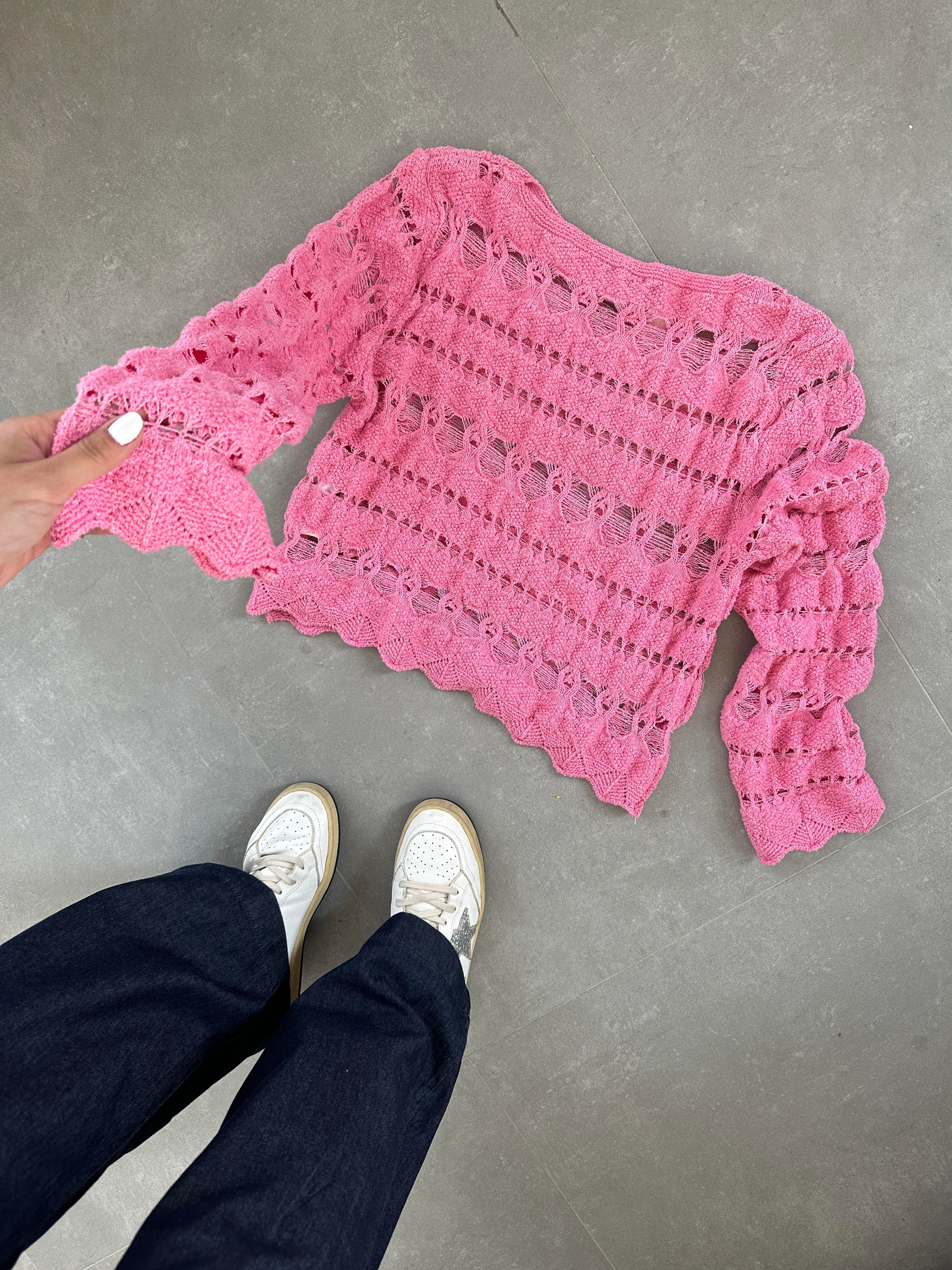 Pembe Ajurlu Triko Bluz