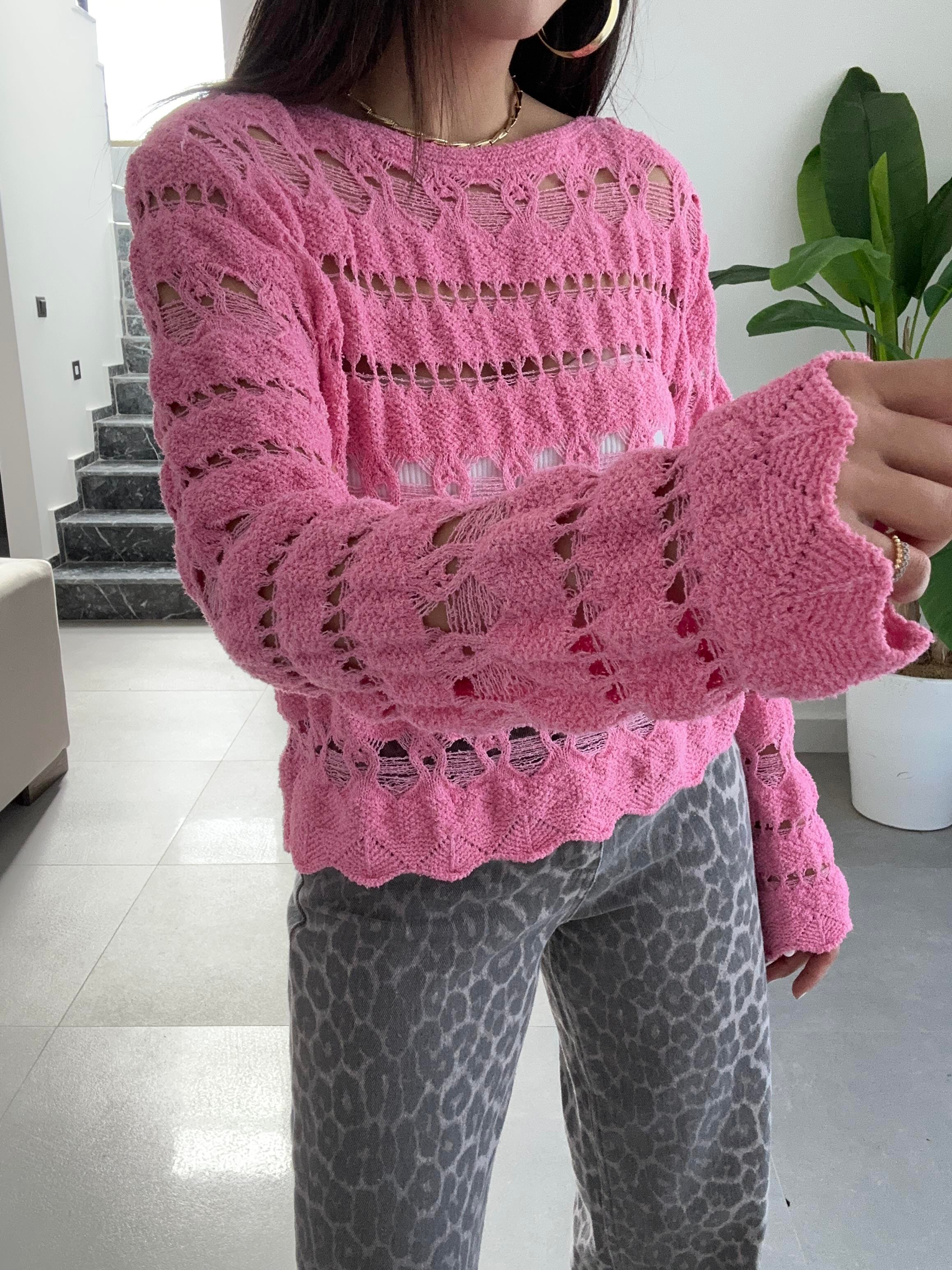 Pembe Ajurlu Triko Bluz