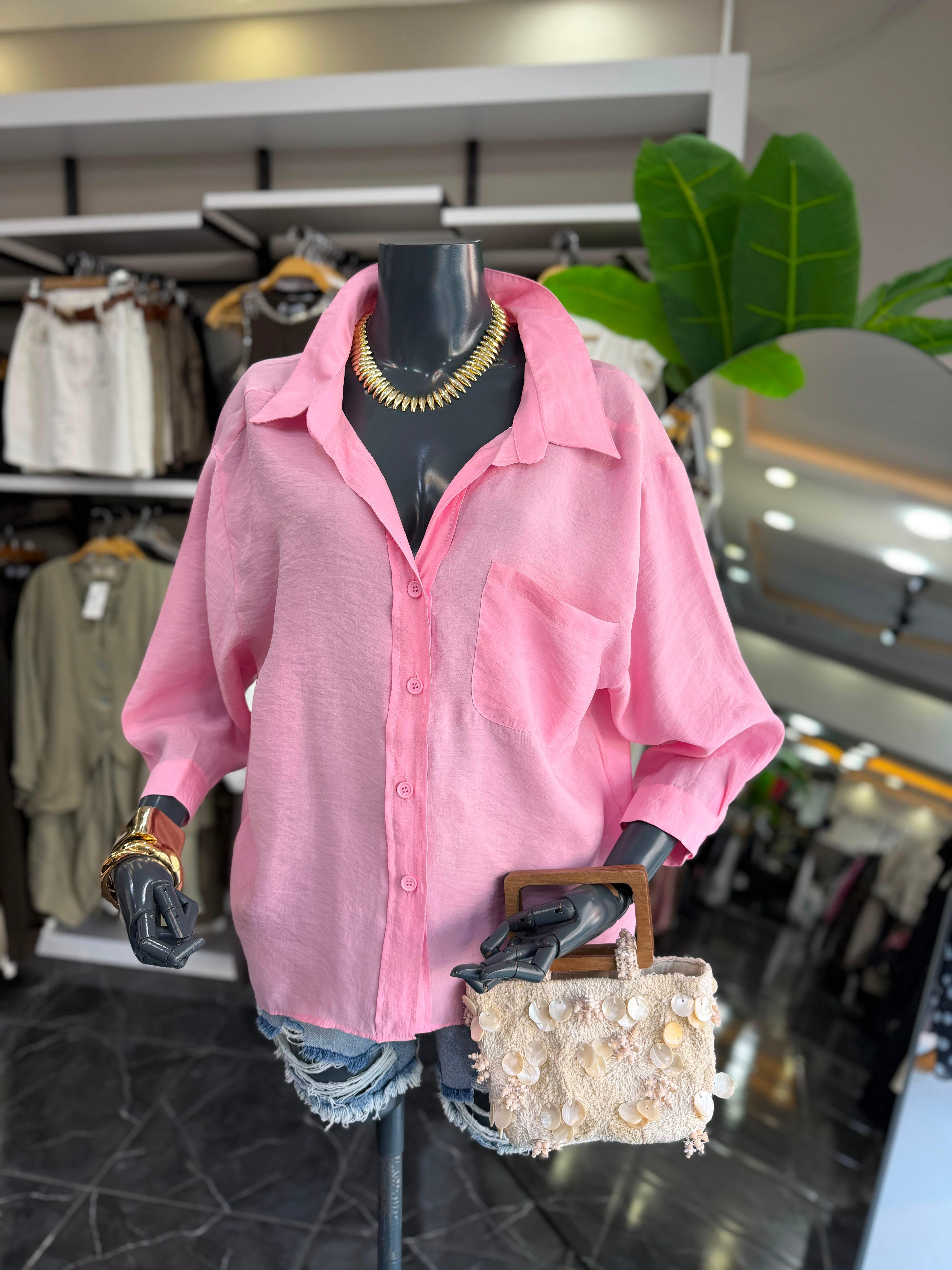 Pembe Düşük Omuz Oversize Gömlek