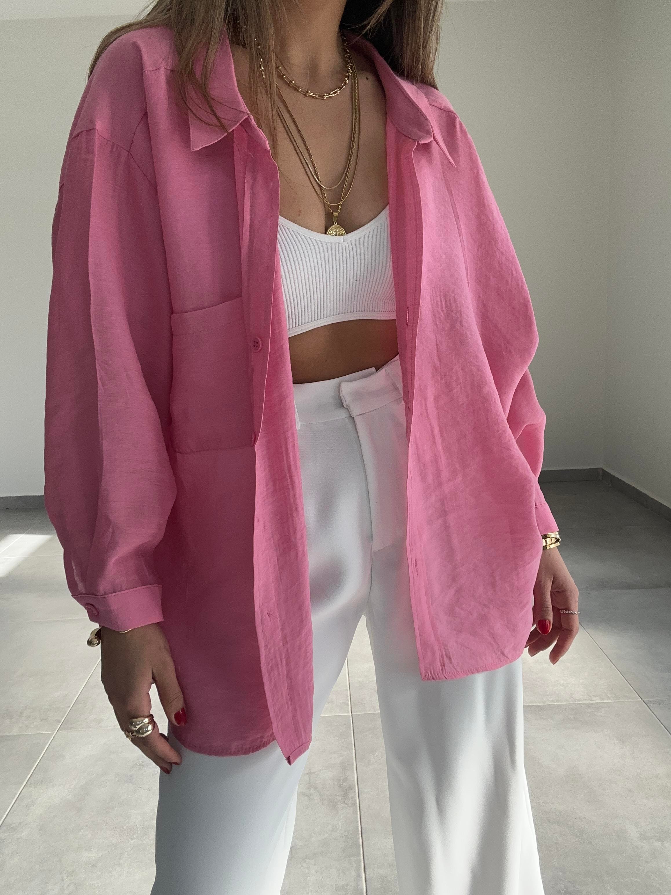 Pembe Düşük Omuz Oversize Gömlek