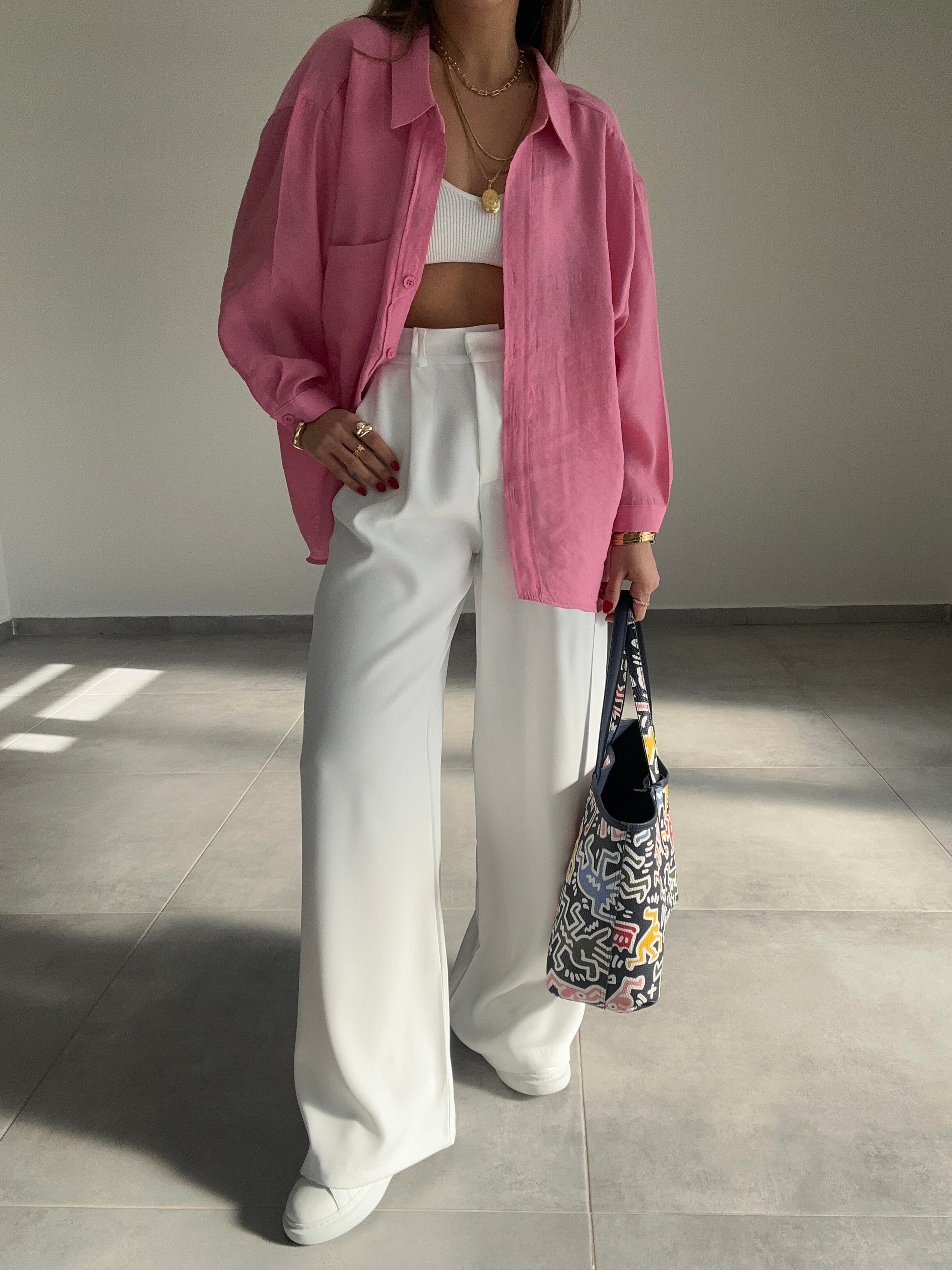 Pembe Düşük Omuz Oversize Gömlek