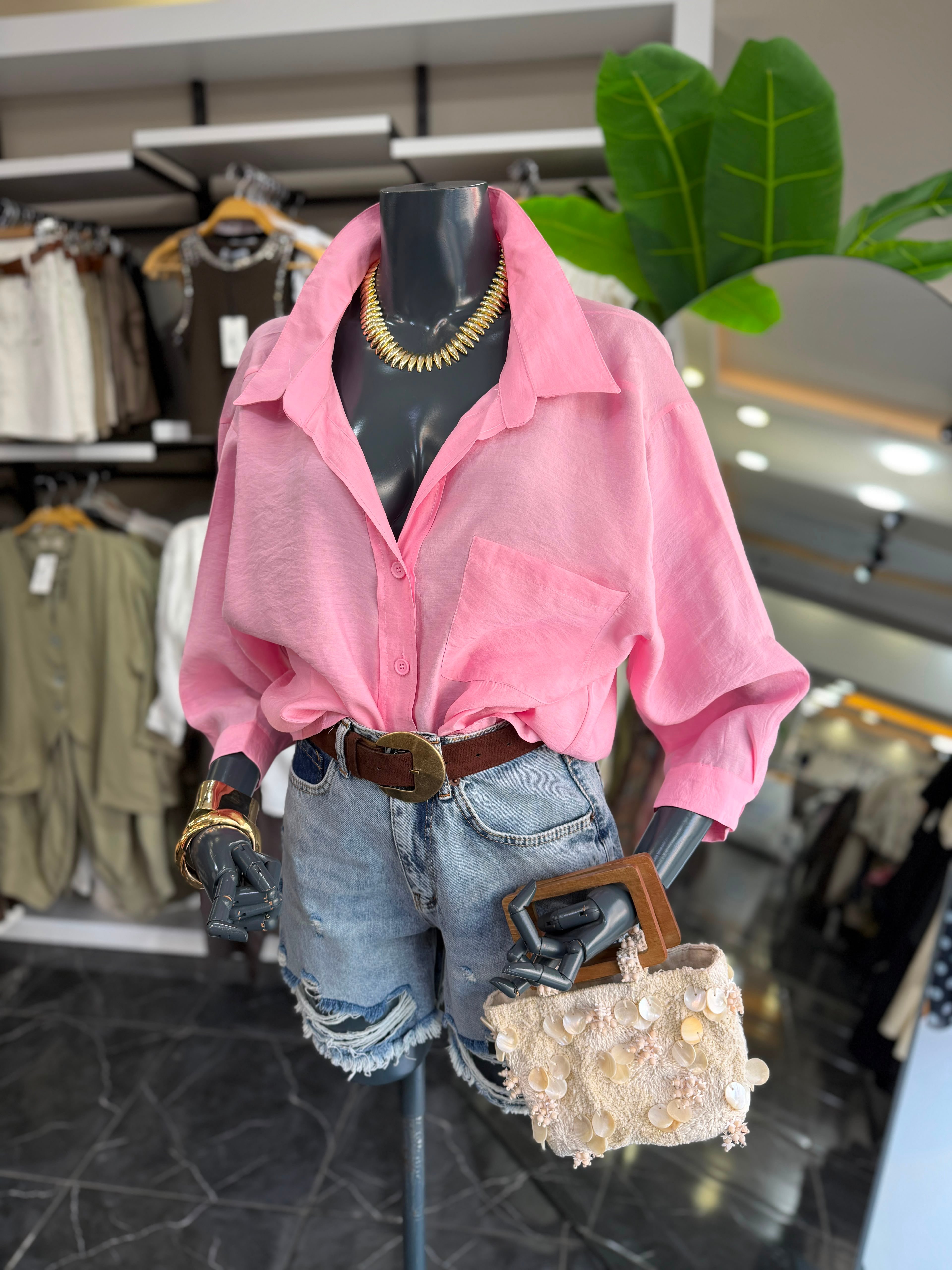 Pembe Düşük Omuz Oversize Gömlek