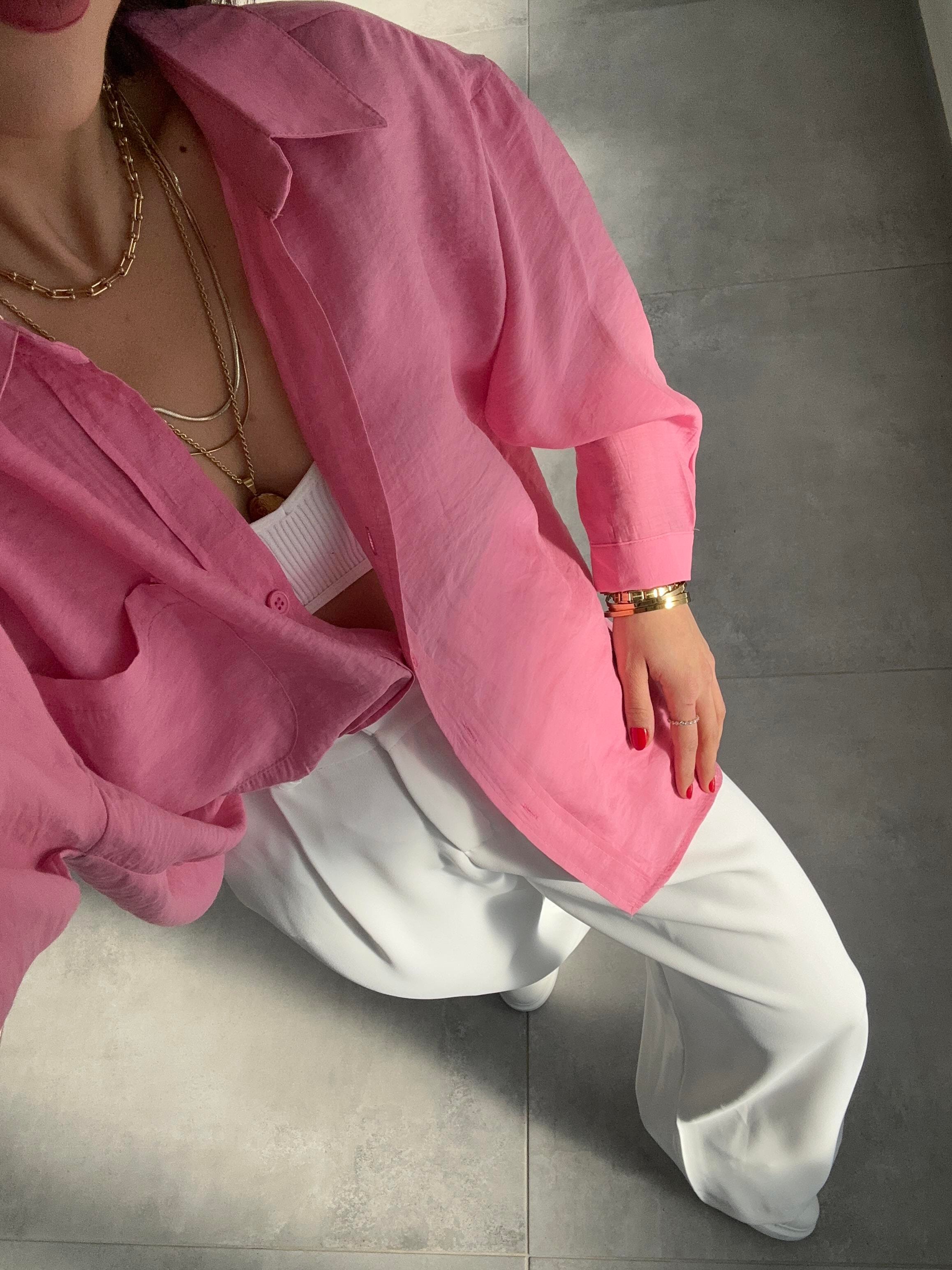 Pembe Düşük Omuz Oversize Gömlek