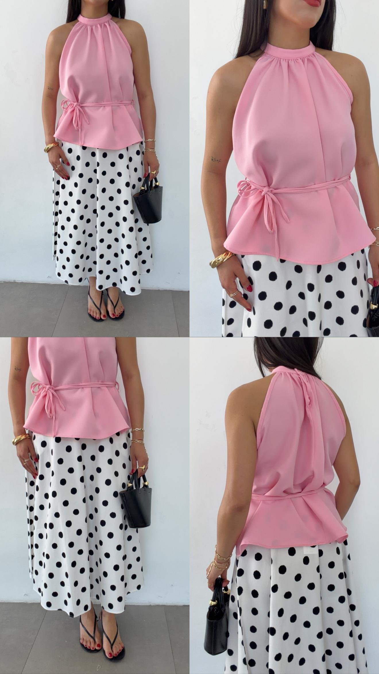 Pembe Halter Yaka Double Bluz