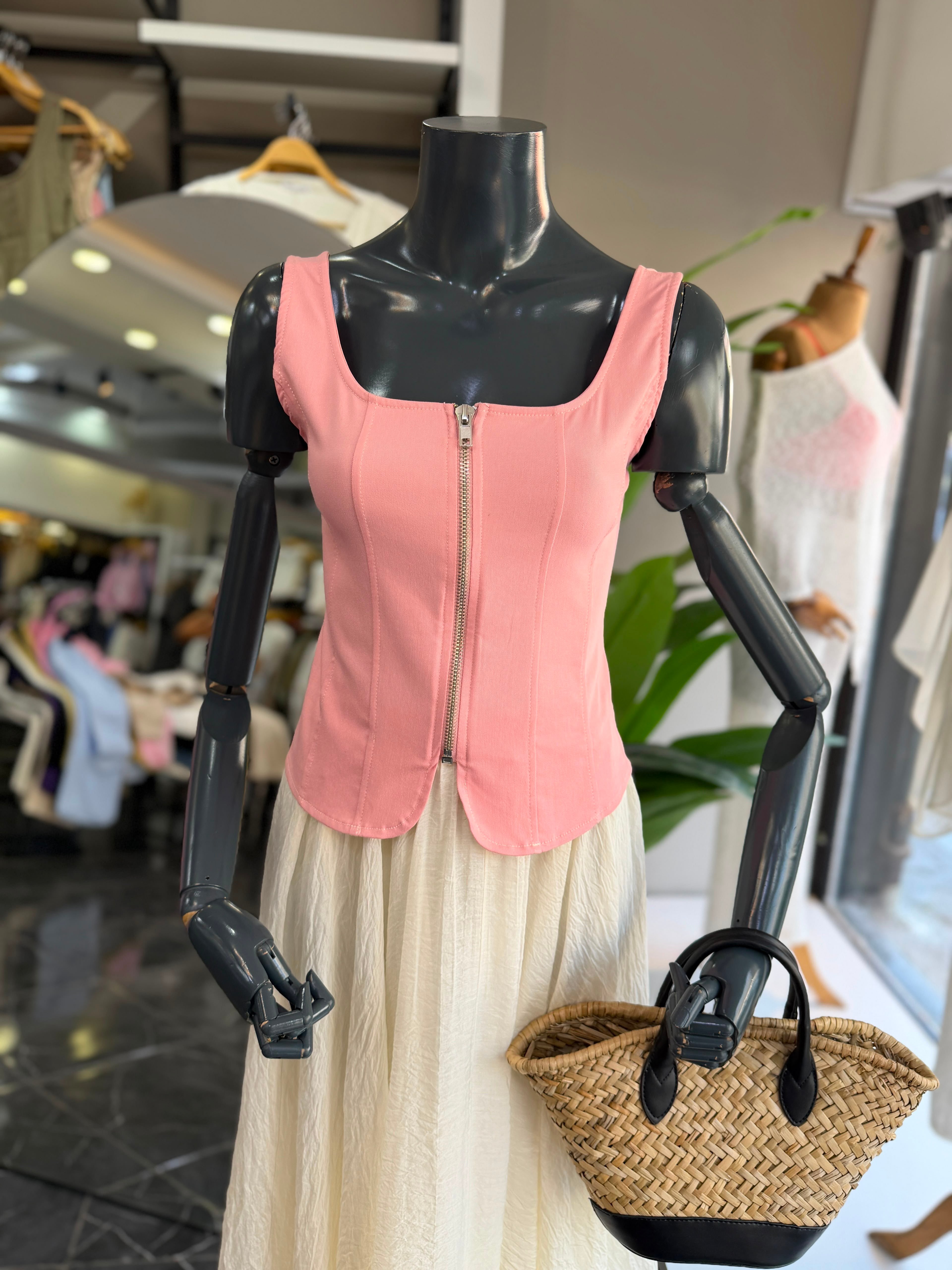 Pembe Önden Fermuarlı Korse Bluz
