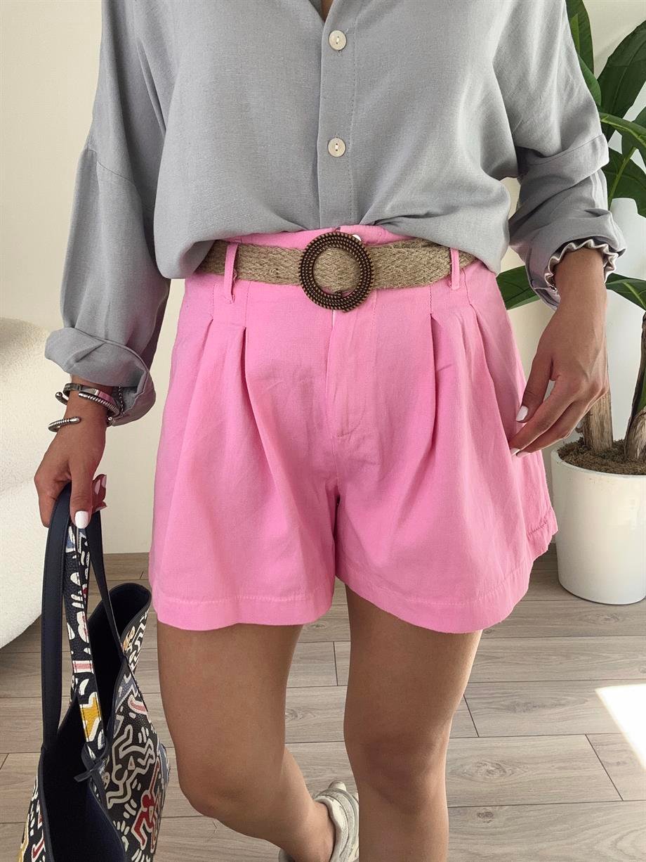 Pembe Pileli Kemerli Şort