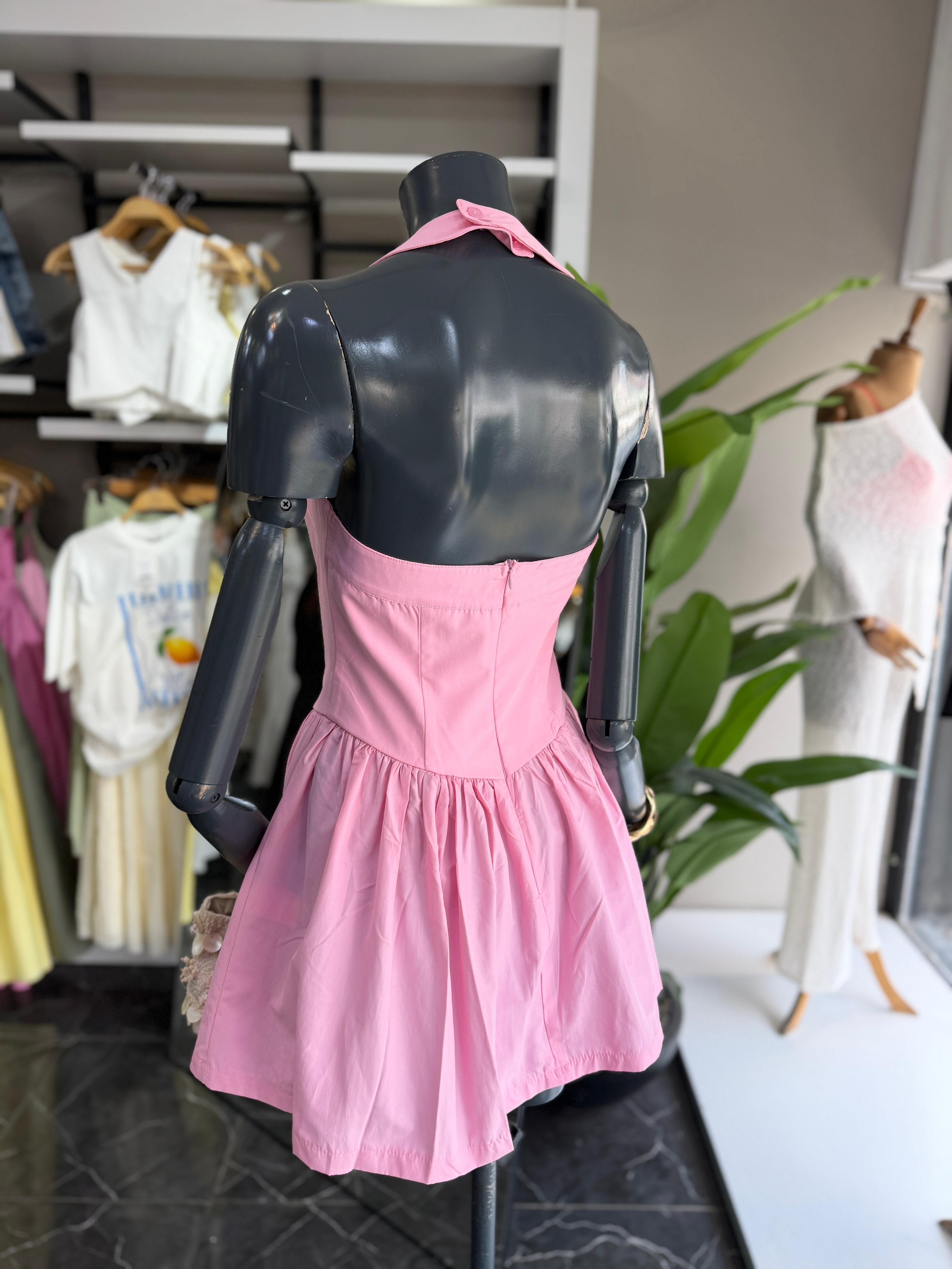 Pembe Poplin Kumaş Halter Yaka Elbise