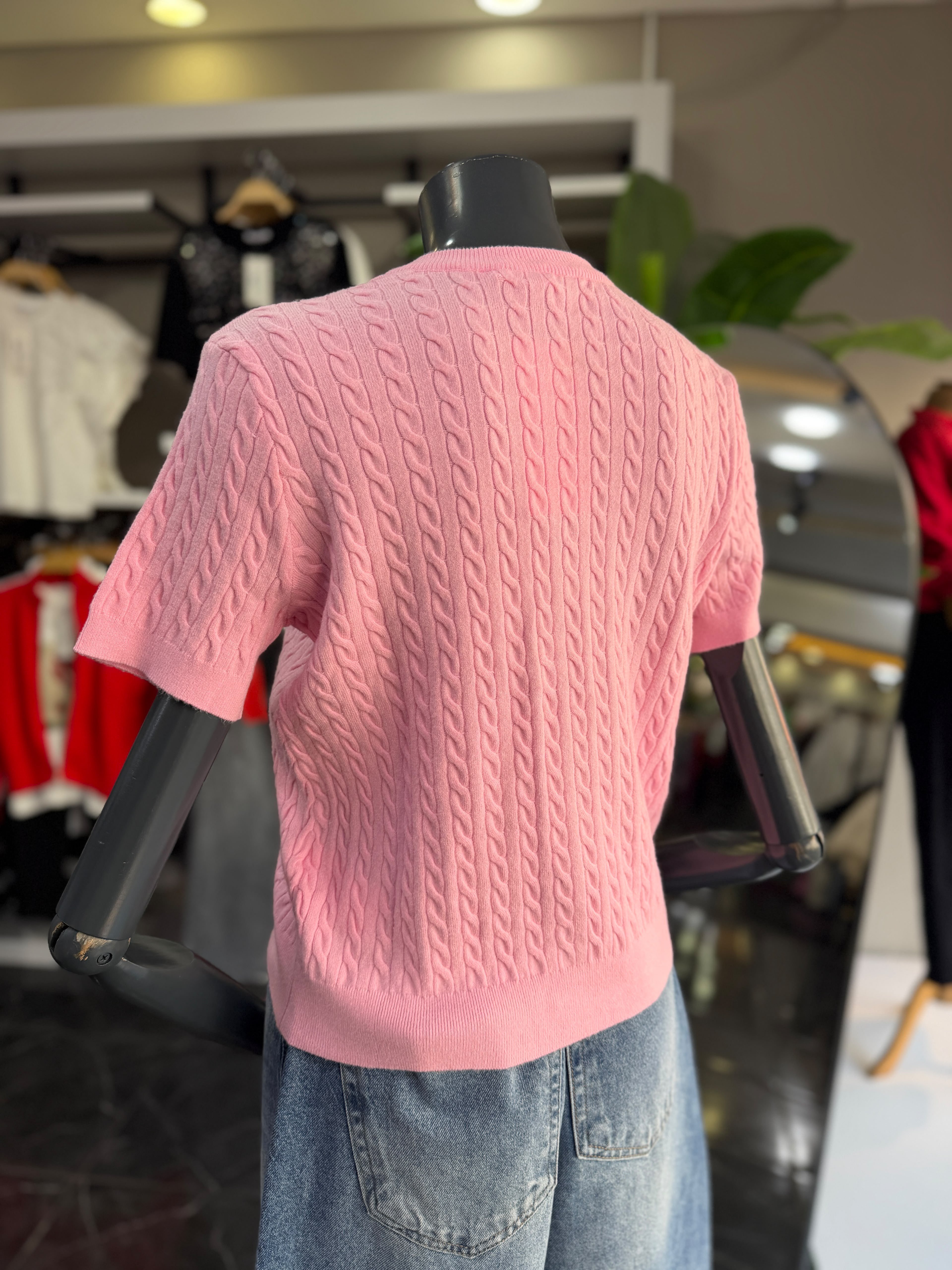 Pembe Saç Örgülü Kısa Kol Hırka